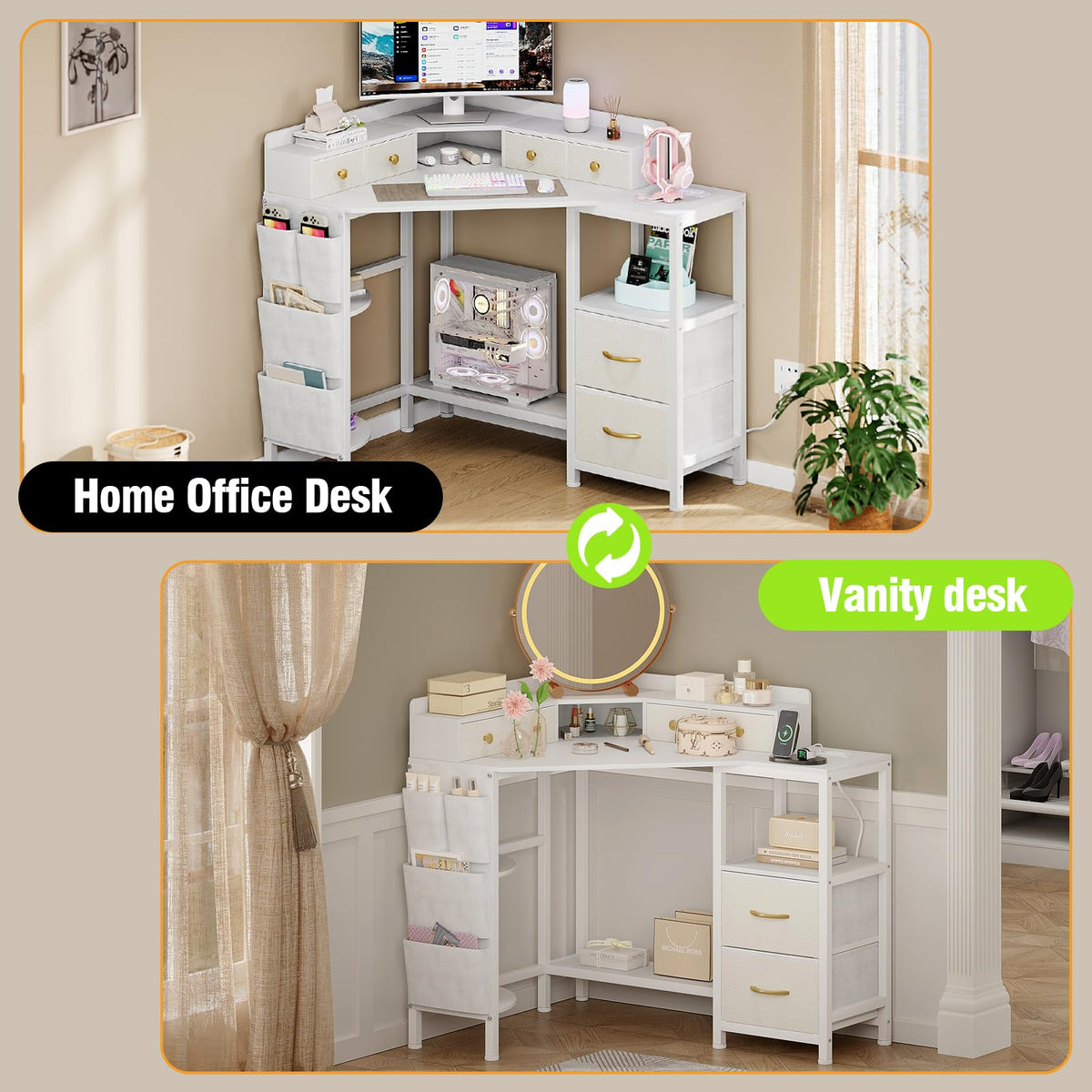 Corner Vanity Desk with Charging Station