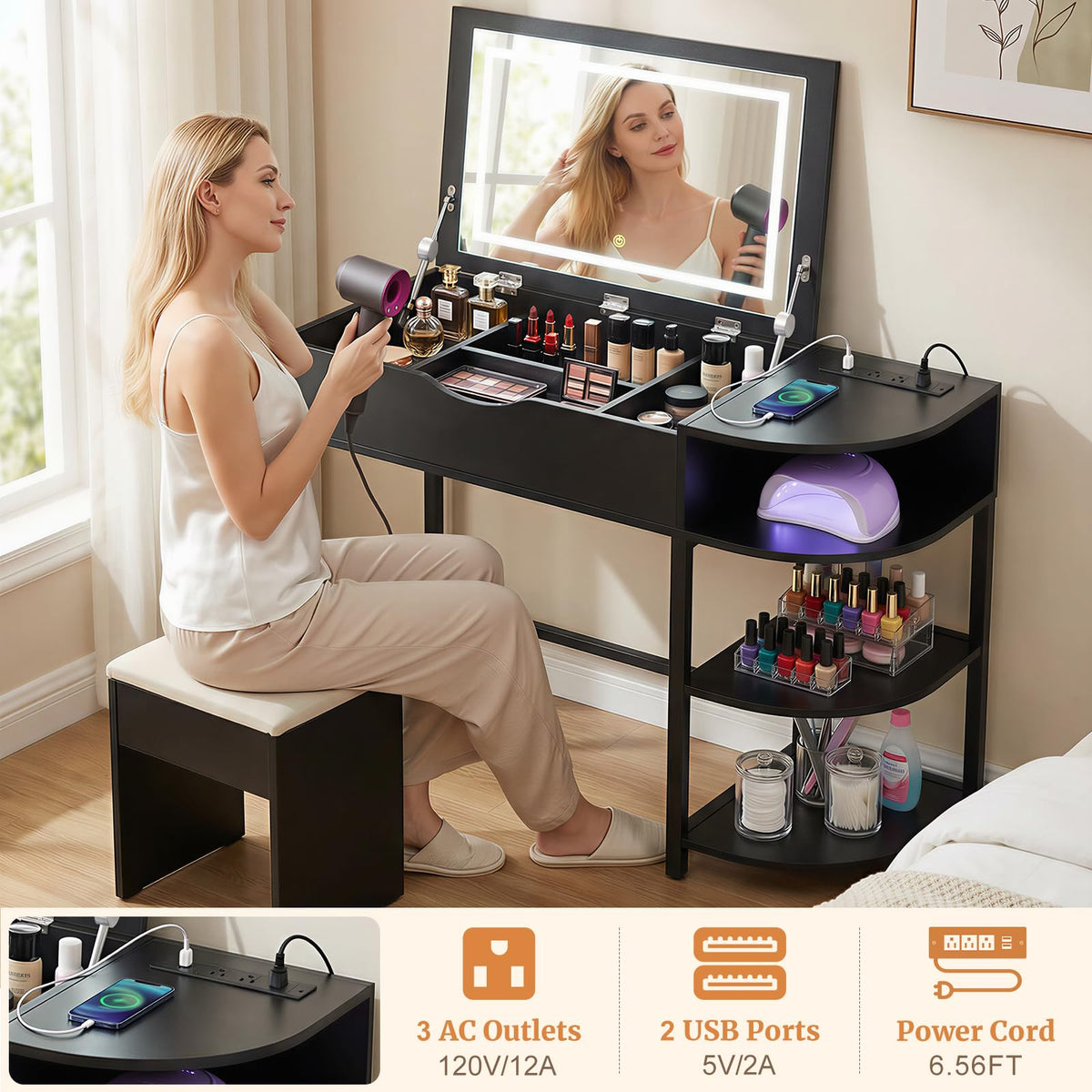 Flip-Top Vanity Desk with Lights