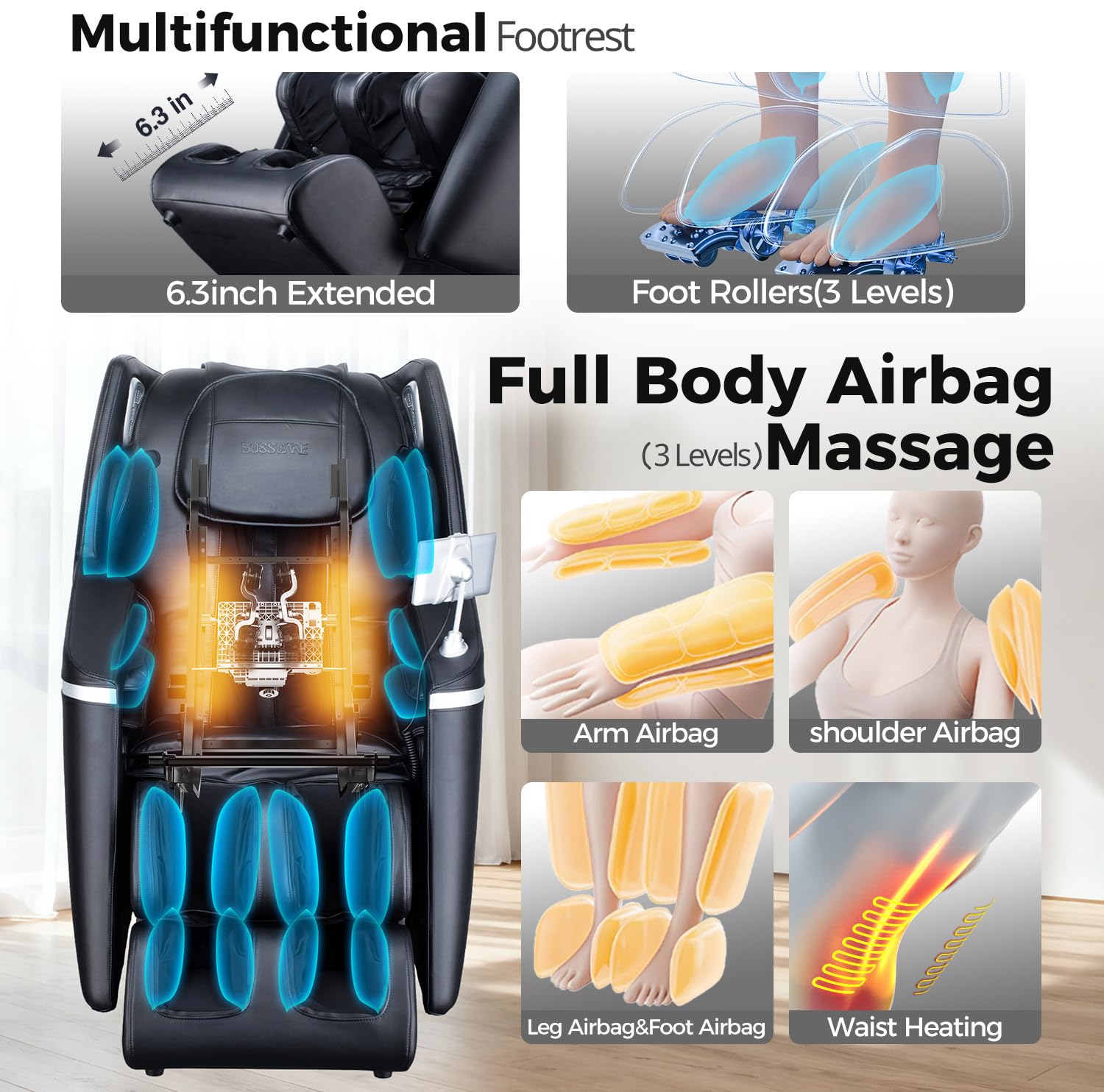 BOSSCARE Massage Chair Full Body: 2026 Zero Gravity SL-Track Shiatsu Massaging Chairs, Body Scan, APP, Foot Rollers, 12+6 Modes, Heat Therapy, Airbags, Bluetooth, Thai Stretch