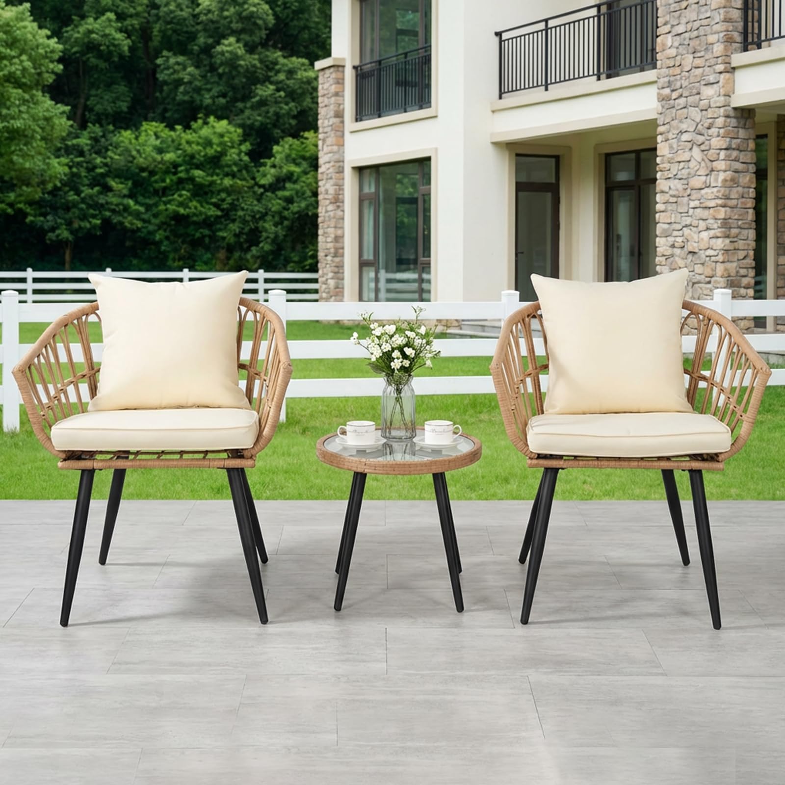 3 Piece Outdoor Patio Bistro Set,All-Weather Modern Wicker Table and Chairs Set for Backyard,Deck,Poolside,Beige