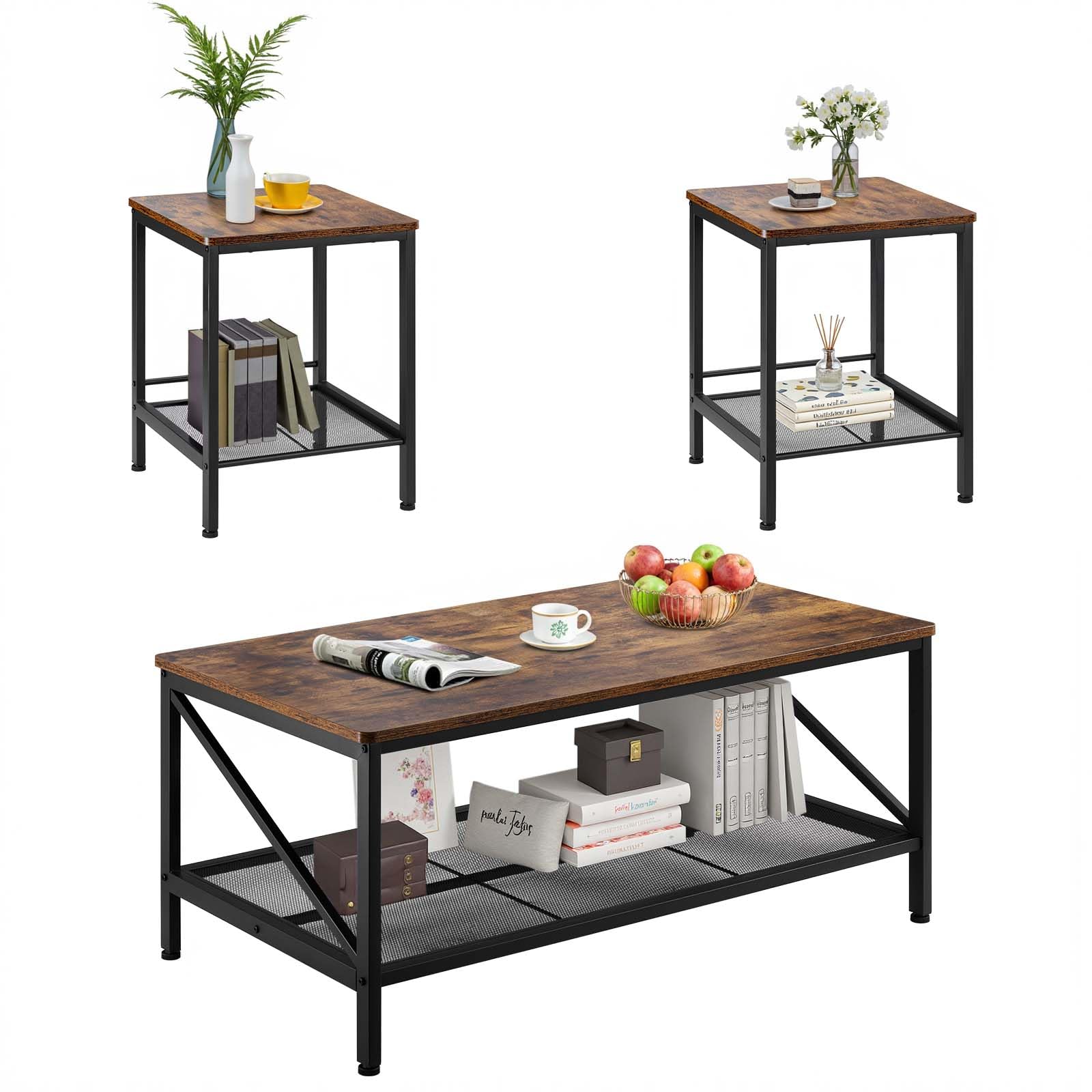 3-Piece Living Room Coffee & End Table Set with Metal Legs