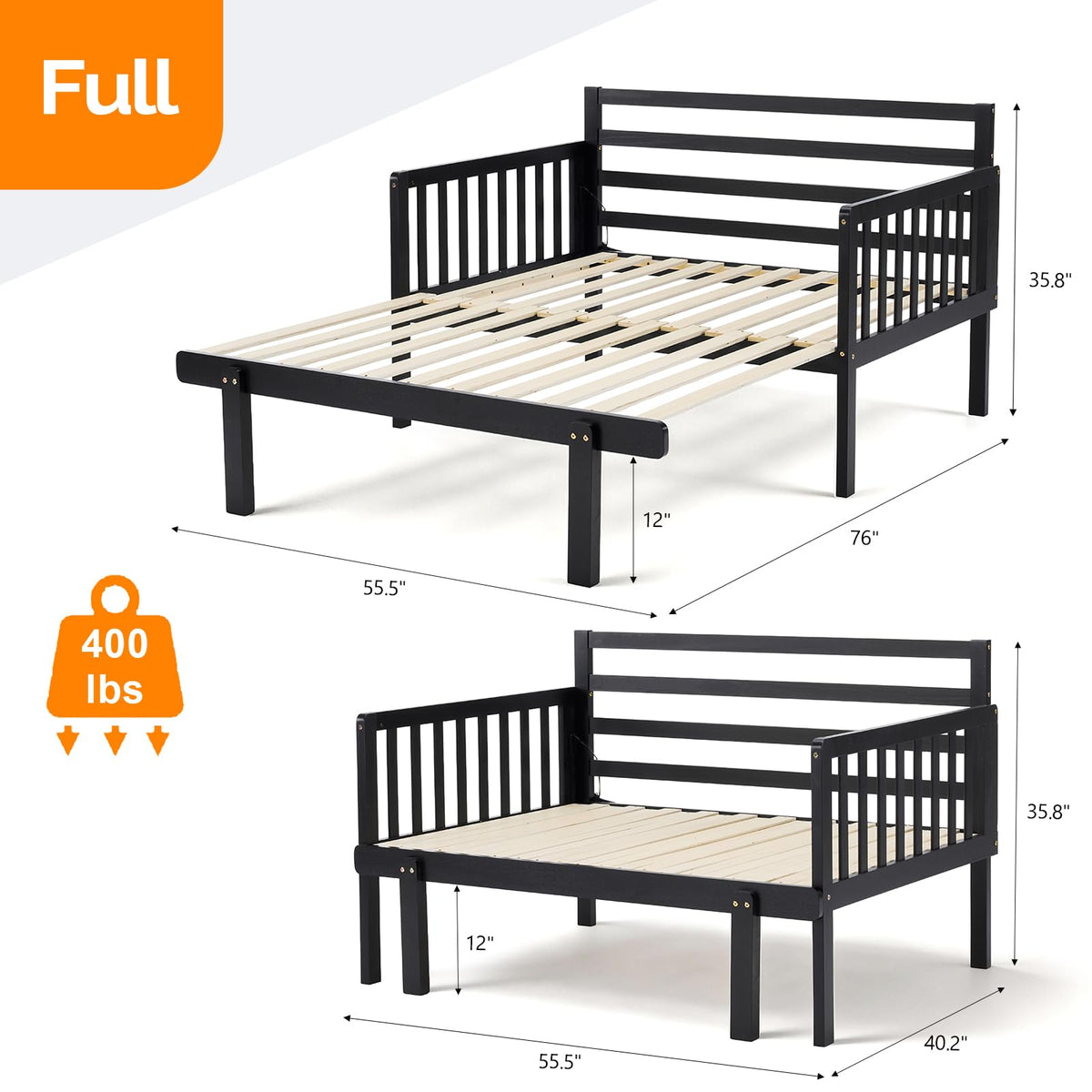 VINGLI 12 Inch Full Extendable Daybed with USB Ports and LED Lights,Black