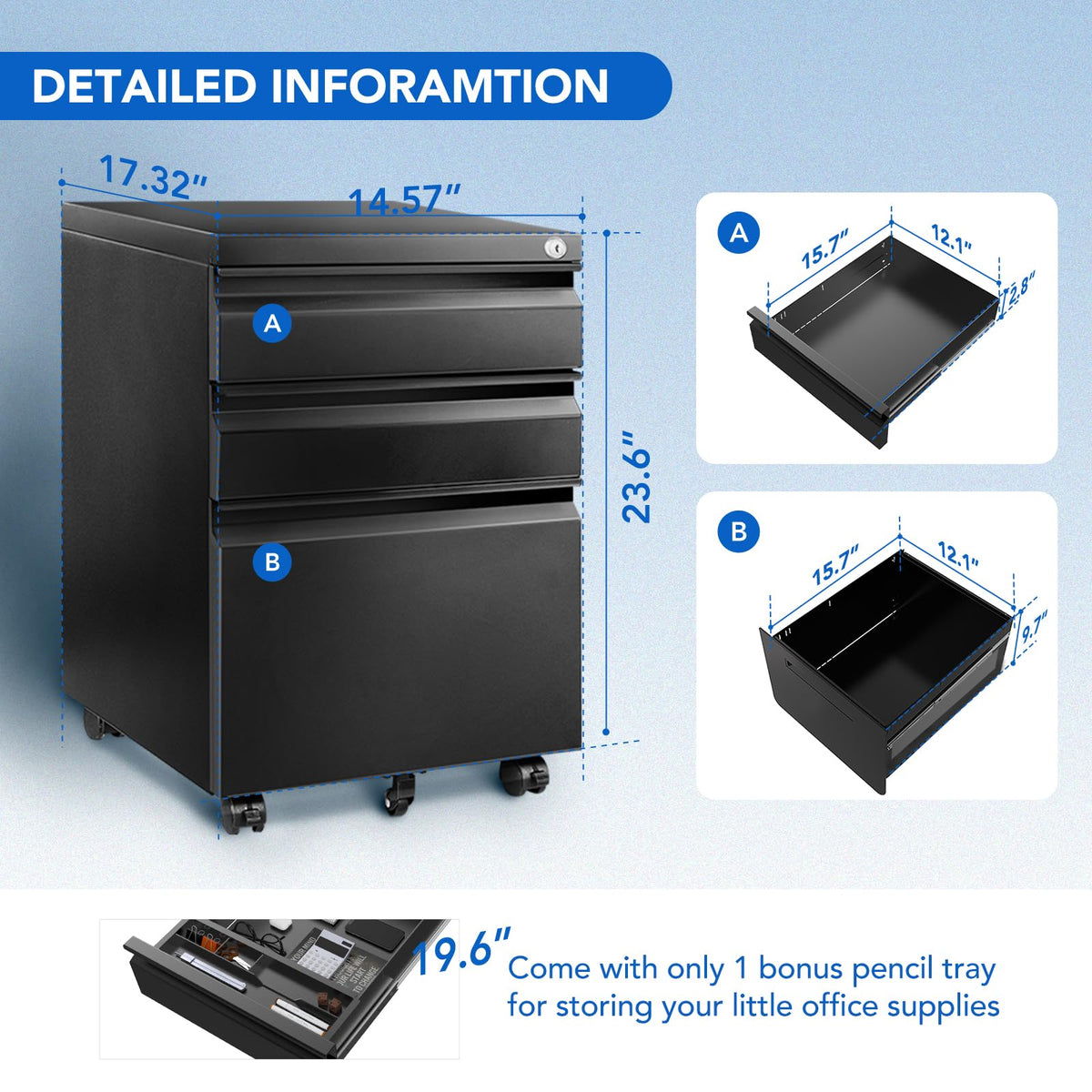 FLEXISPOT 3-Drawer Metal Mobile Filing Cabinet for Home Office - Under Desk Storage with Lock Keys - Legal/Letter/A4 File Organizer - Fully Assembled Except Wheels - Black
