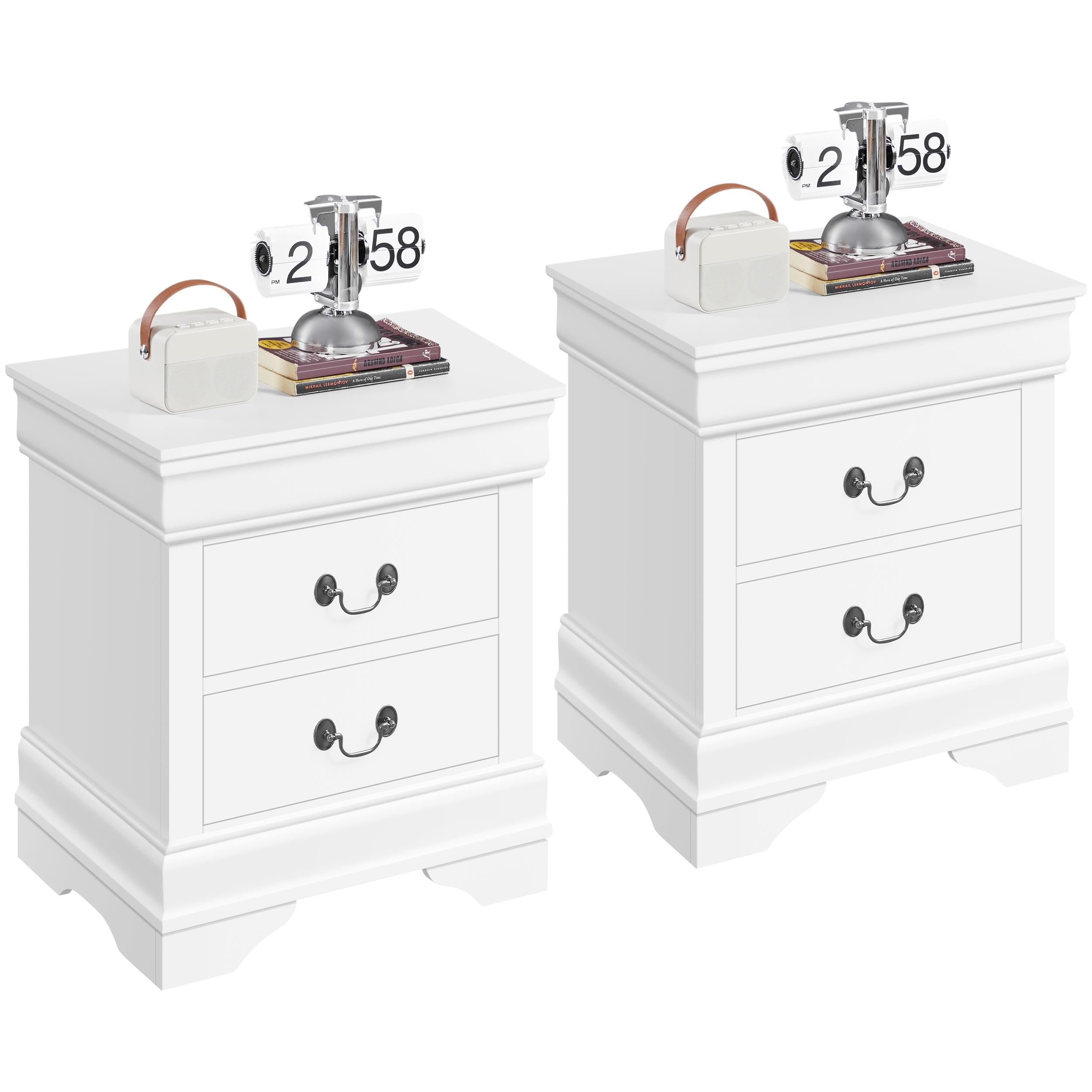 Yaheetech Fully-Assembled Nightstands Set of 2, 2-Drawer Nightstands Large Classic Bedside Tables with Storage, Wooden Painted Storage Cabinet, 21.5" L×16" W×24.5" H, White