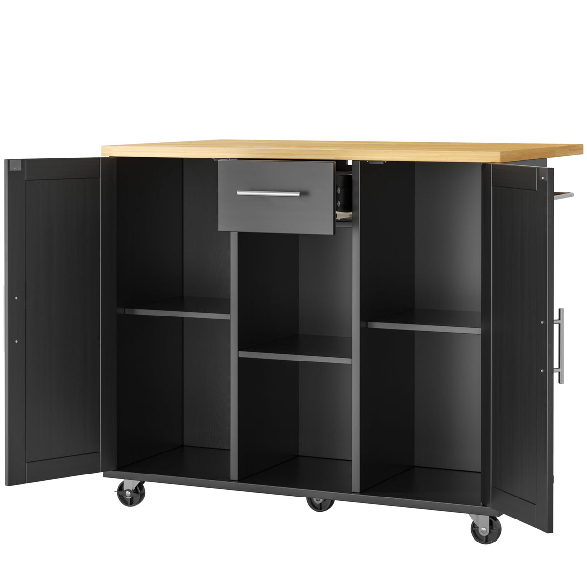JY QAQA 42" Kitchen Island with Storage on Wheels, Rolling Table with Drop Leaf, Drawers, Cart Handle for Towel Rack or Free Movement, Black