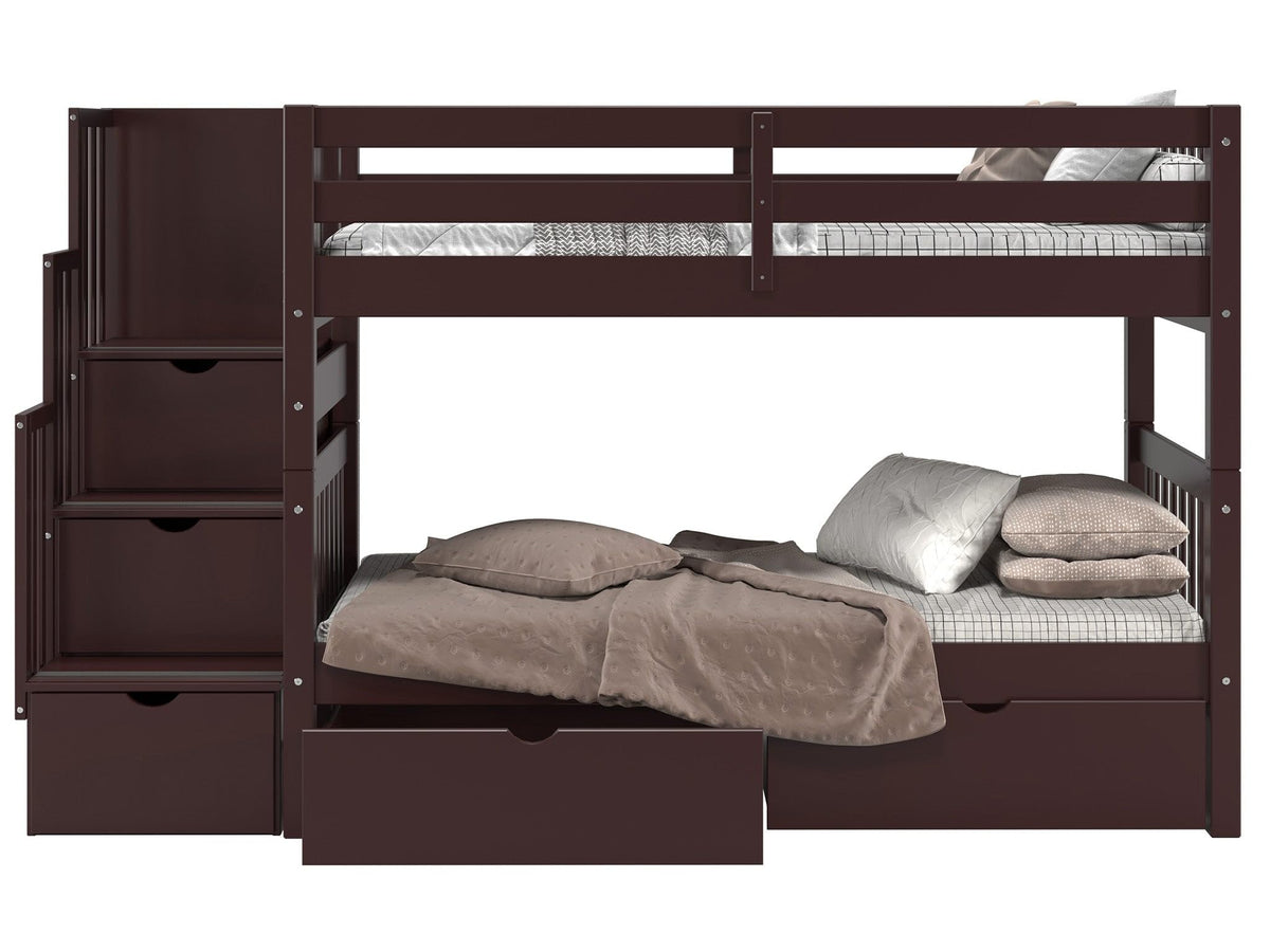 Bedz King Stairway Bunk Beds Twin Over Twin, 3 Step Drawers, 2 Storage Drawers, Dark Cherry
