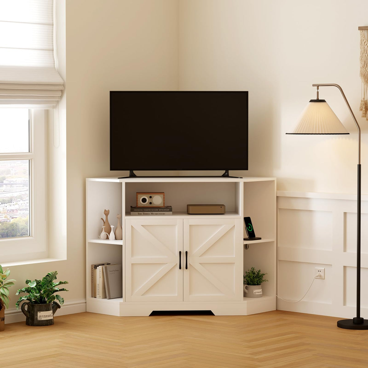 Garvee Corner TV Stand for TVs Up to 55 Inch with Power Outlet & Barn Doors
