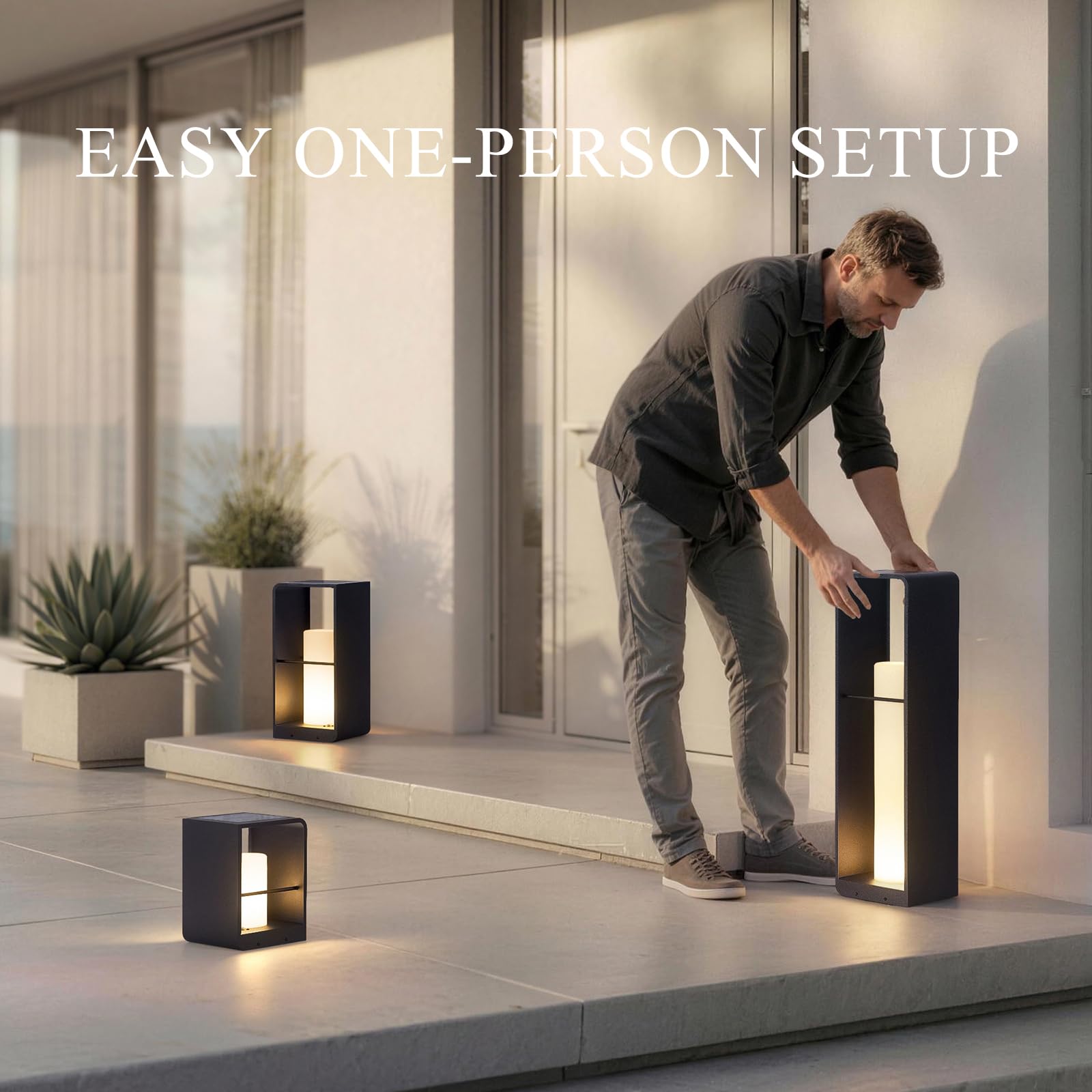 RIRZ Modern Floor Lamp with Remote (Adjustable Brightness), Dusk to Dawn Outdoor Solar Lanterns Waterproof IP65, Unique Floor Lamps, 3000K Solar Outdoor Lamp for Patio Backyard Garden Deck Decoration