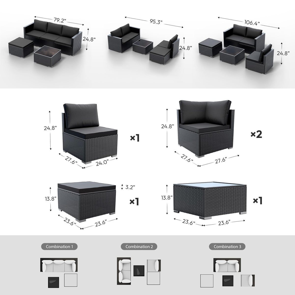 WWR Patio Furniture Set 5 Piece - Wide Armrests - All-Weather Wicker Rattan Outdoor Conversation Couch Sets, Modular Sectional Sofa for Garden, Patio, Poolside, Backyard, Balcony, Porch