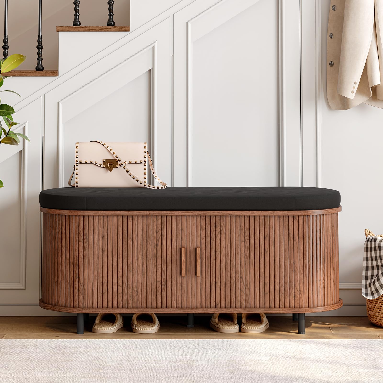 43" Fluted Shoe Storage Bench with Cushion