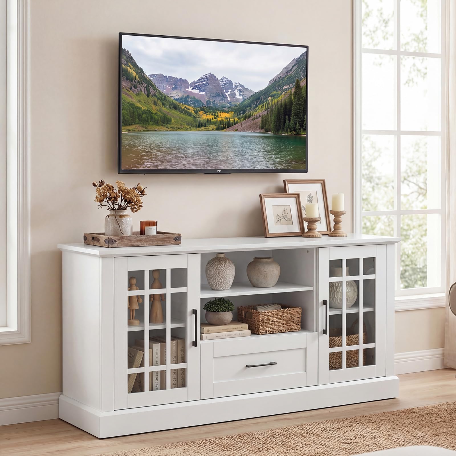 Farmhouse TV Stand with Glass Cabinets & Drawer