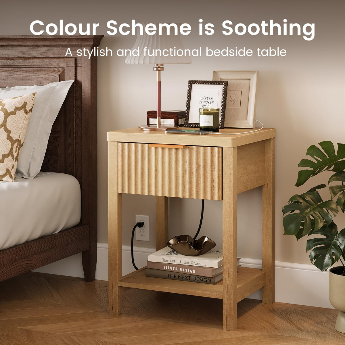 ELYKEN Fluted Nightstands Set 2 with Storage Drawer & Power, Natural Oak