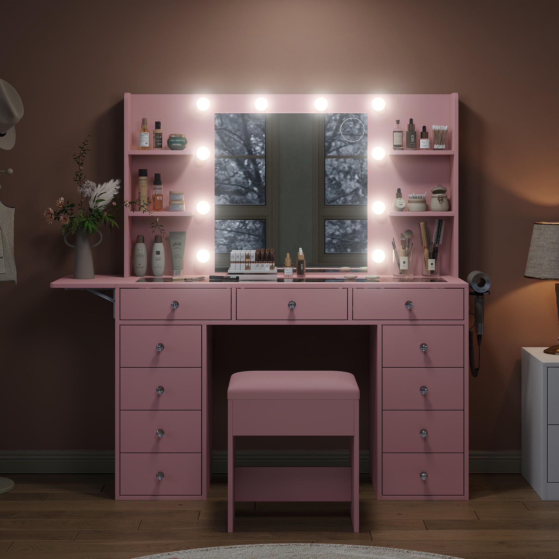 FUSOU Vanity Desk with Power Outlet, 11 Drawers Makeup Vanity with Lighted Mirror, 3 Colors Adjustable, Glass Top Vanity with Chair, 4 Shelves and Fold-up Panel, Dressing Table for Bedroom, Pink