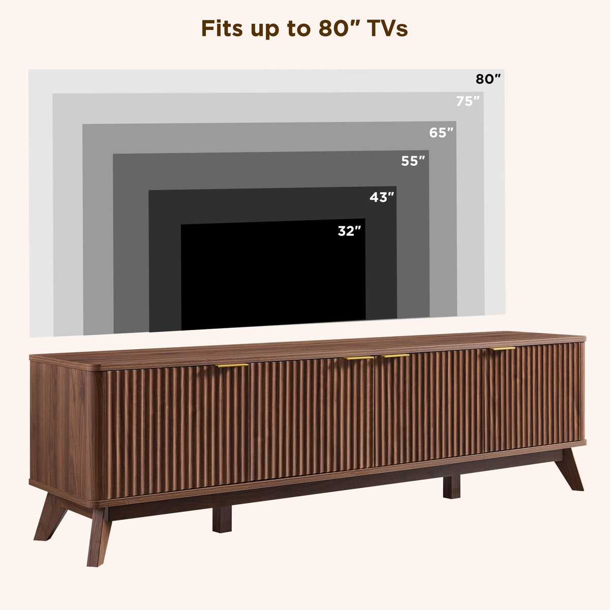 OKD 70" Mid Century Modern Fluted TV Stand,4-Door Storage, Light Walnut