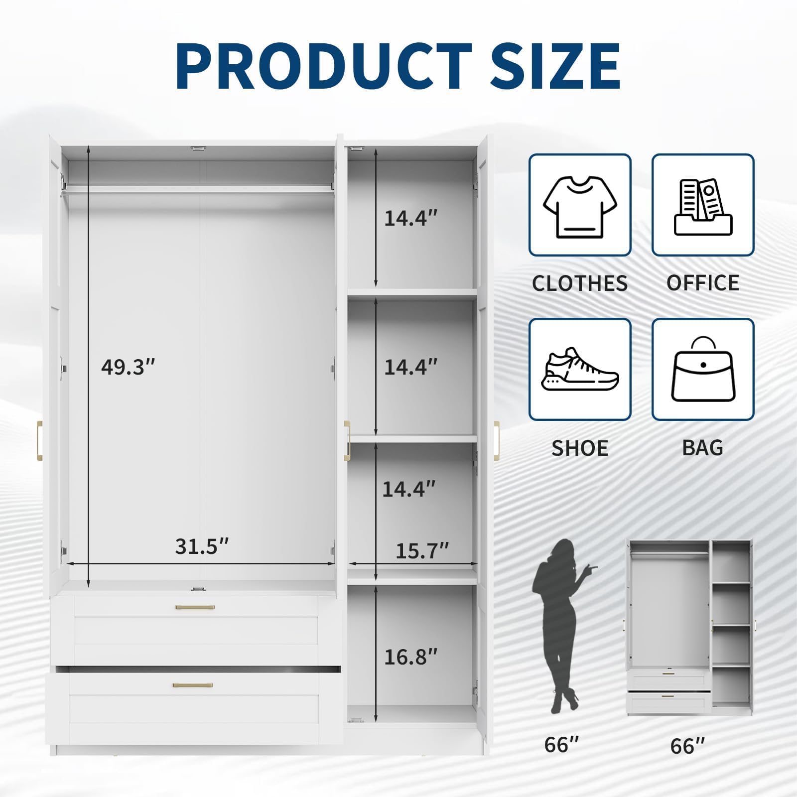 PeakPursuit Wooden Wardr.obe Closet Arm.oire, Freestanding Ward.Robe with 3 Doors, 2 Drawers for Hanging Clothes, Bedroom Large Capacity Freestanding Arm.oire