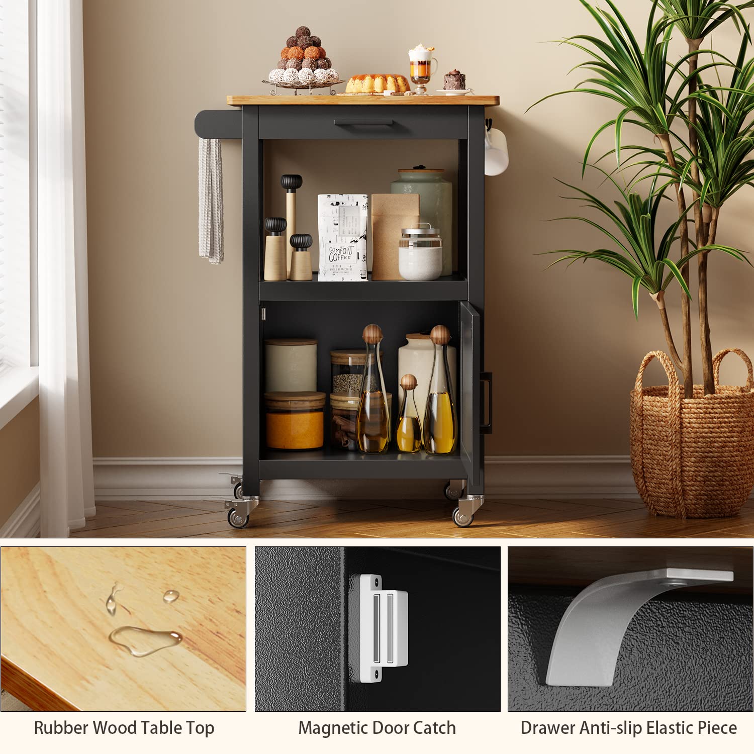 Qsun Kitchen Island on Wheels with Drawer, Storage Cabinet, Shelf and Side Hook, Rolling Kitchen Cart with Rubber Wood Countertop, Microwave Cart for Small Space, Black
