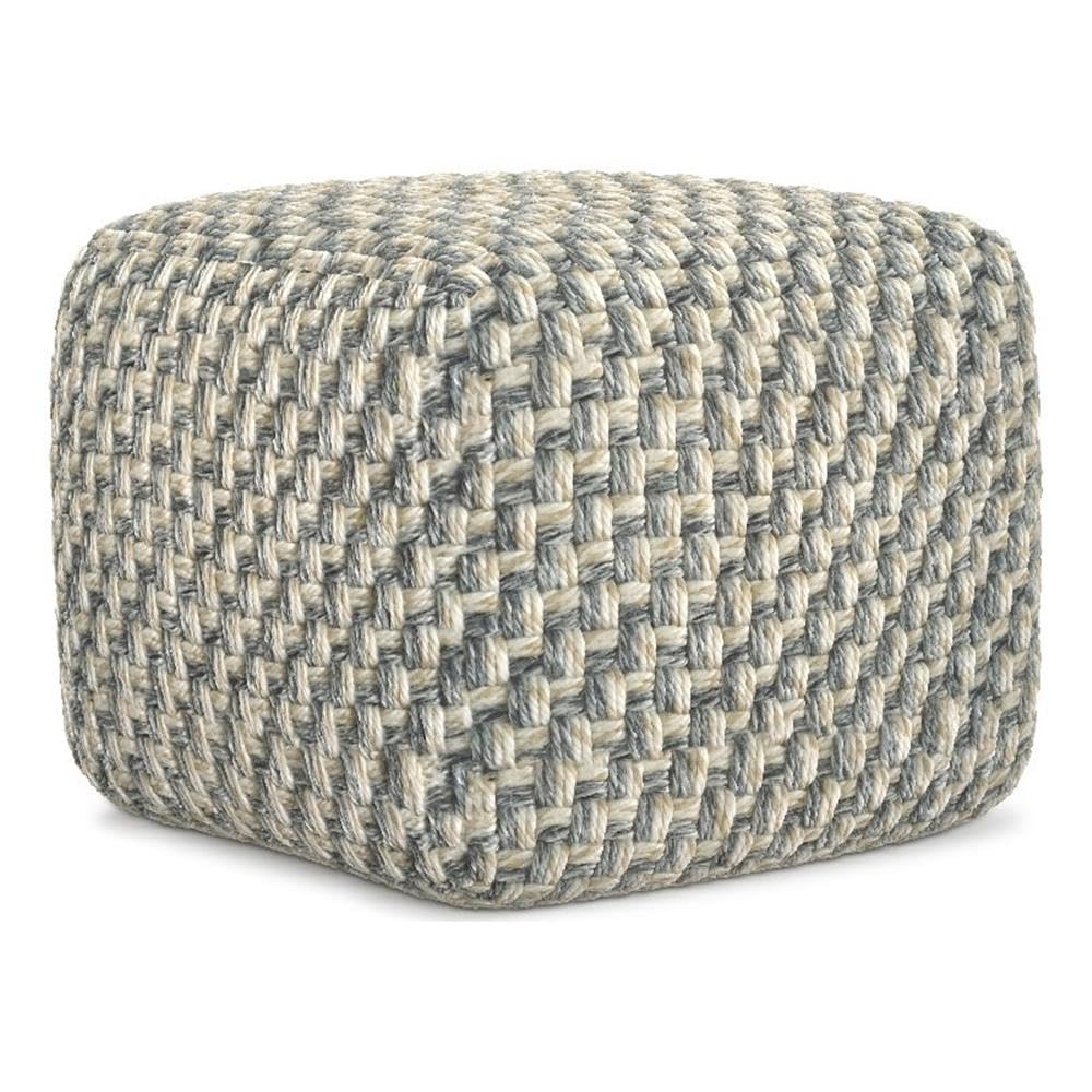 SIMPLIHOME Beatrix 18" Wide Square Pouf in Blue/Beige PET Polyester