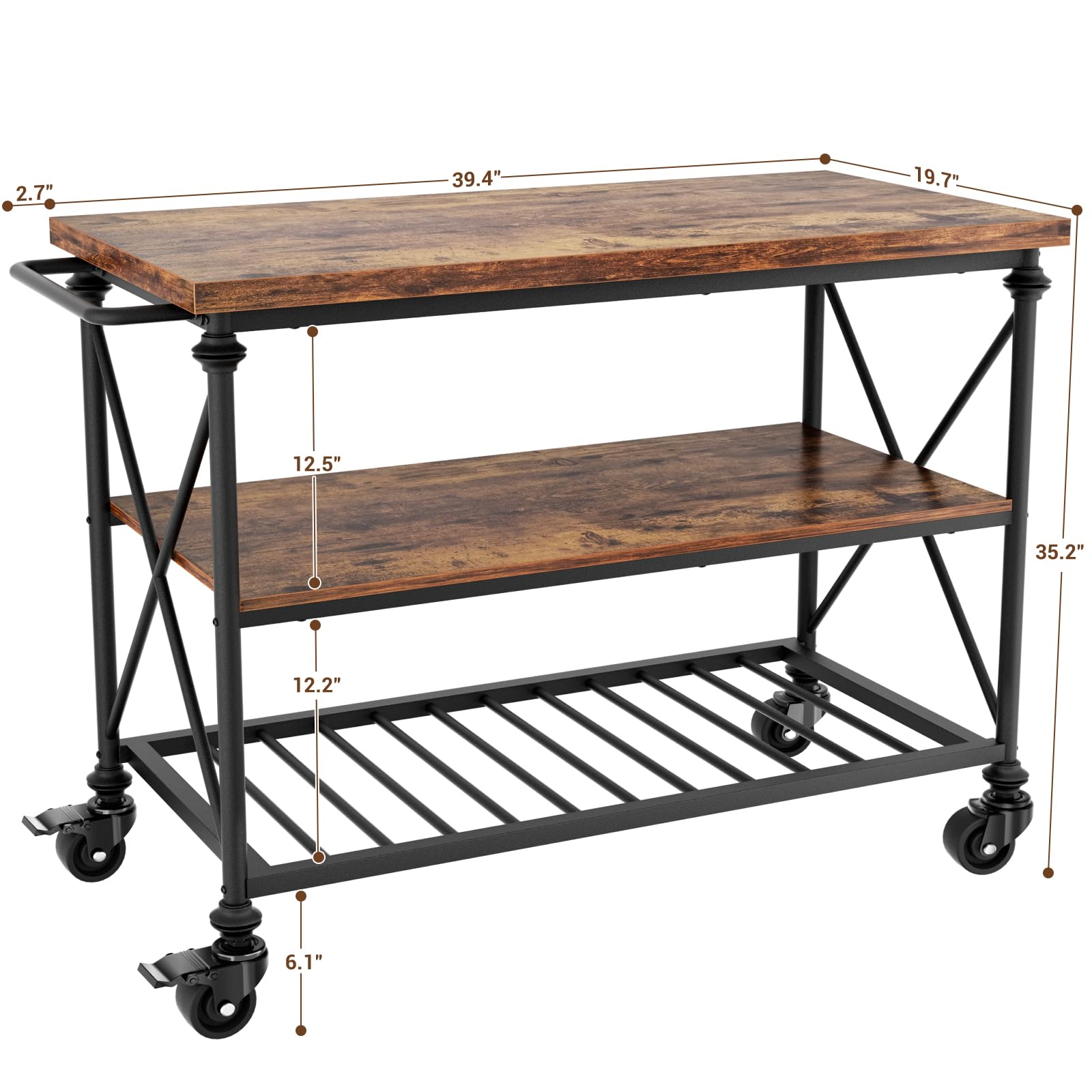 3-Tier Rolling Kitchen Island with Pipe Legs