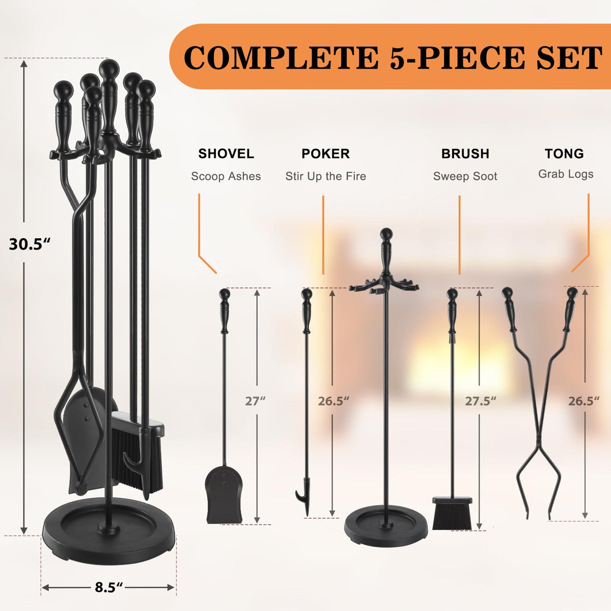 Round-Base Fireplace Tool Set