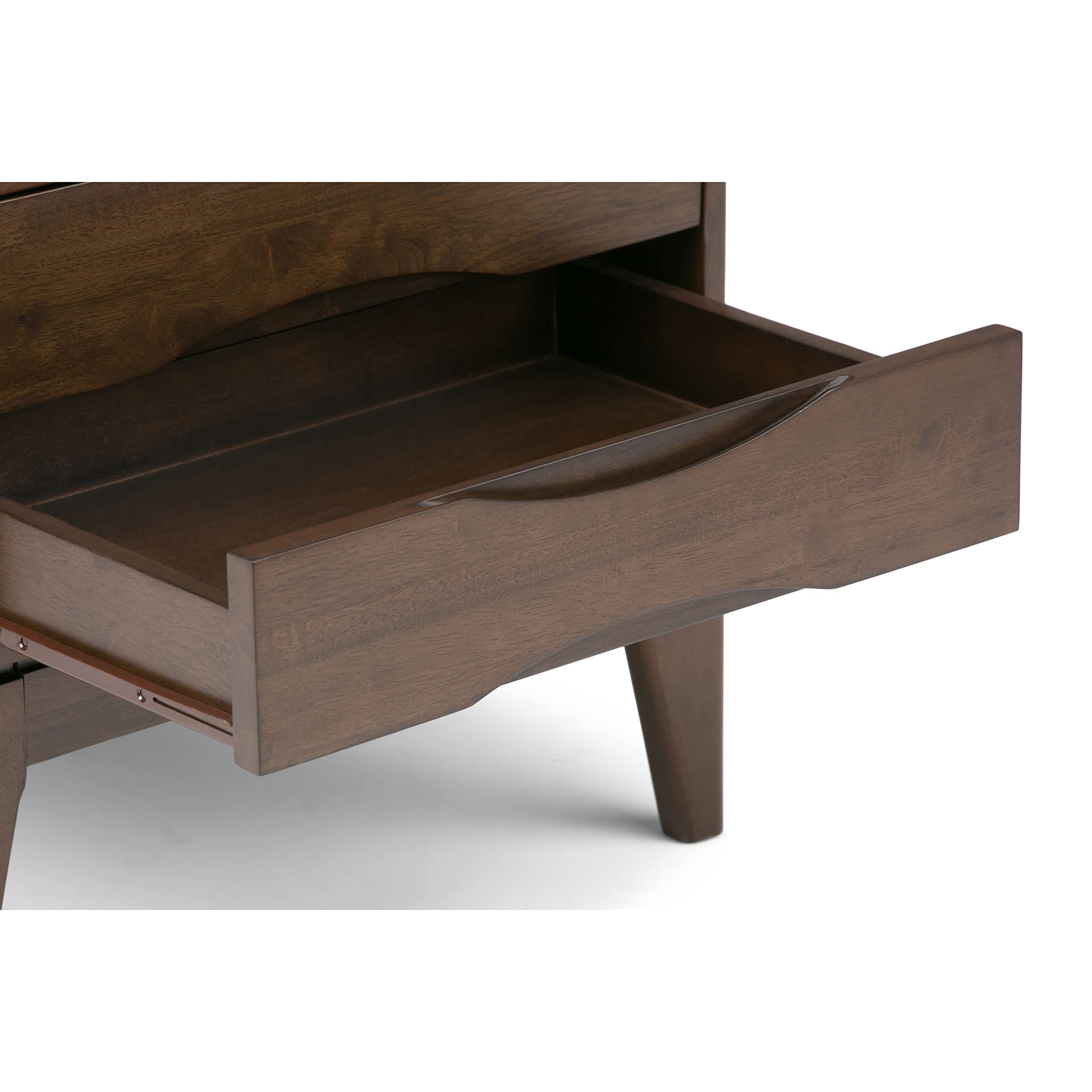 SIMPLIHOME Harper End Table - 22 inch Wide Solid Wood 2 Drawer Side Table in Walnut Brown, Mid Century Modern Accent Table for Living Room with Tapered Legs and Notched Handles
