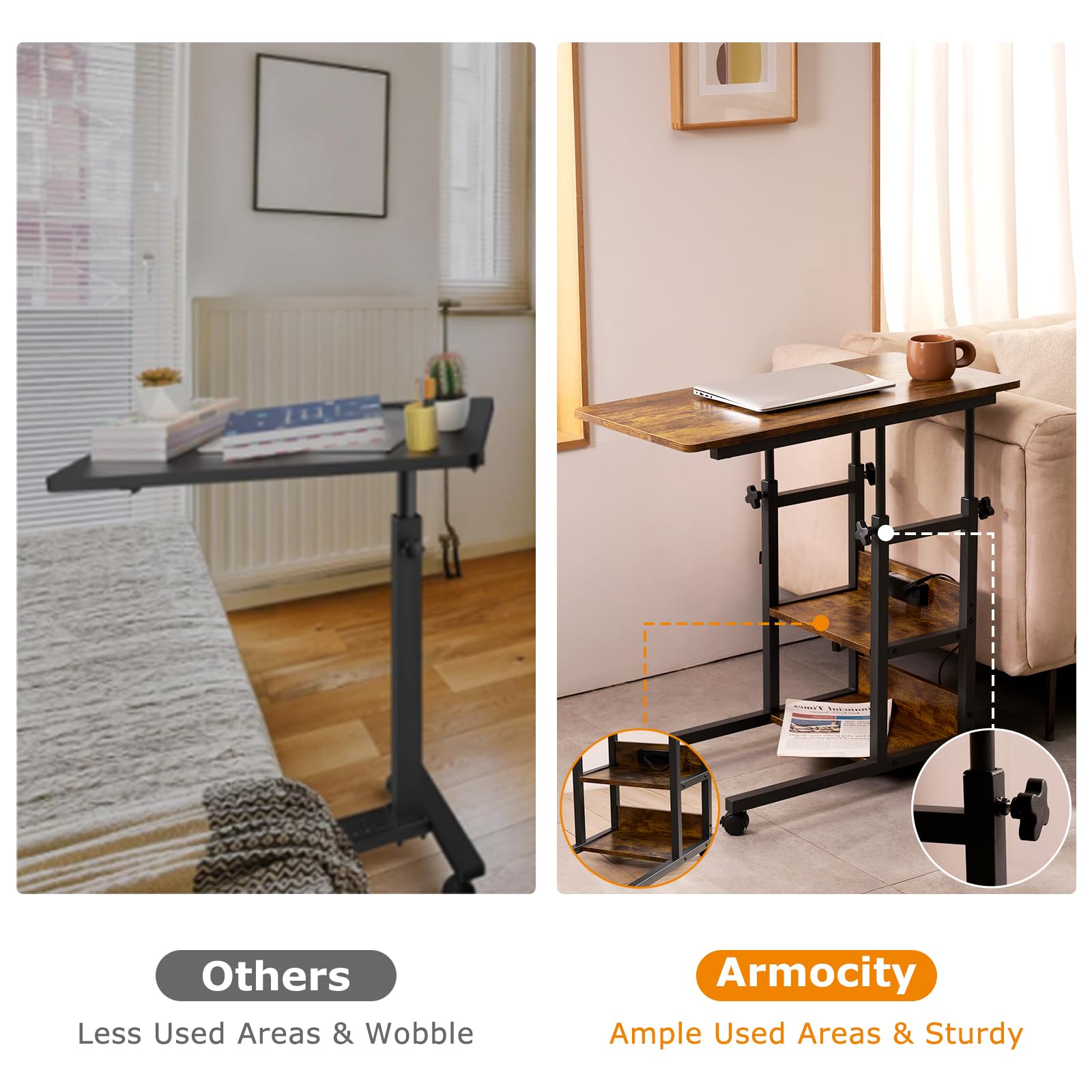 Armocity C Shaped End Table Height Adjustable - Couch Side Table with Charging Station, TV Tray with Wheels Slide Under Sofa for Small Spaces, Living Room Bedroom, Rustic Brown