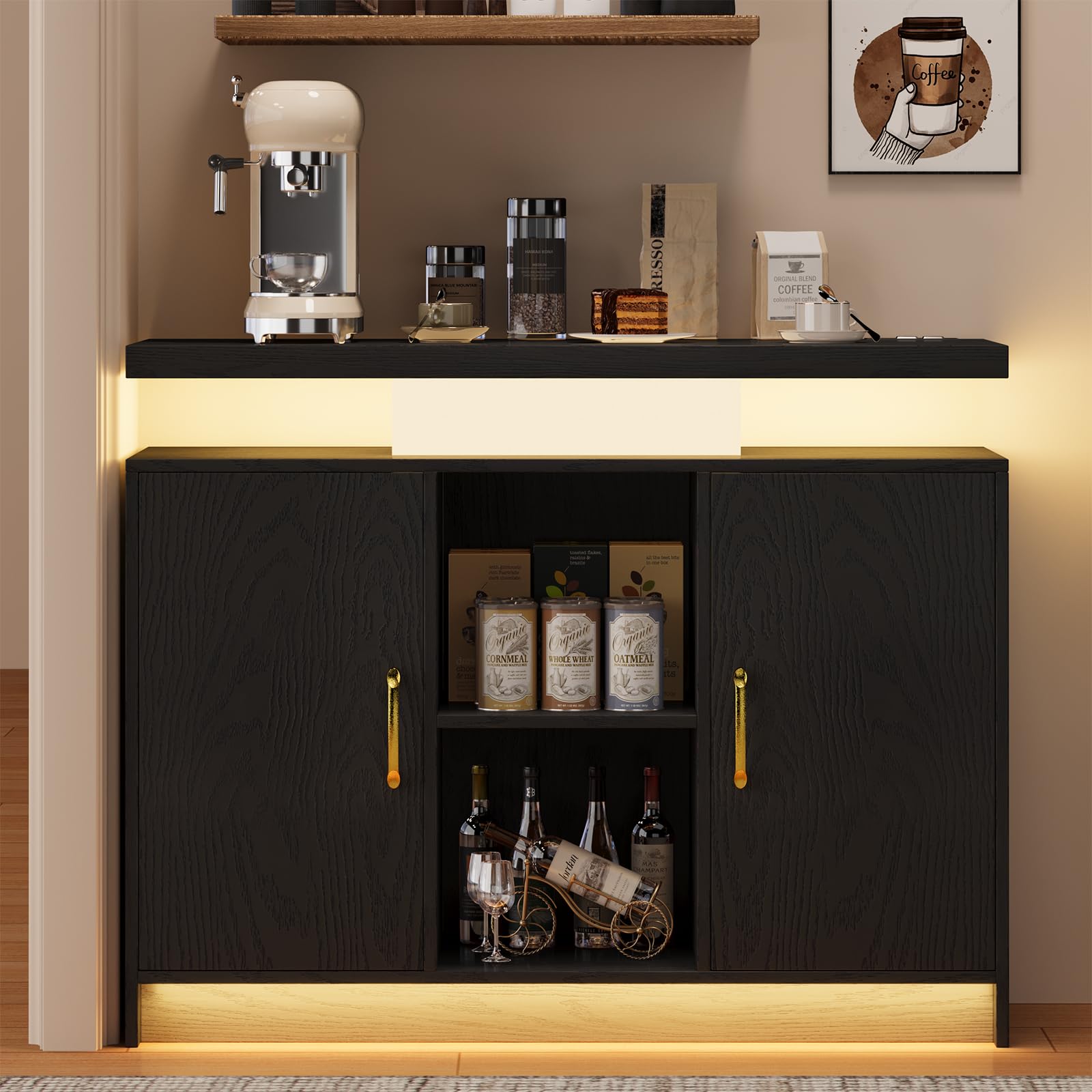 4 EVER WINNER Coffee Bar Cabinet with LED, Sideboard Buffet Cabinet with Storage, Coffee Station Cabinet with Charging Station, Black Coffee Bar for Kitchen, Dining Room
