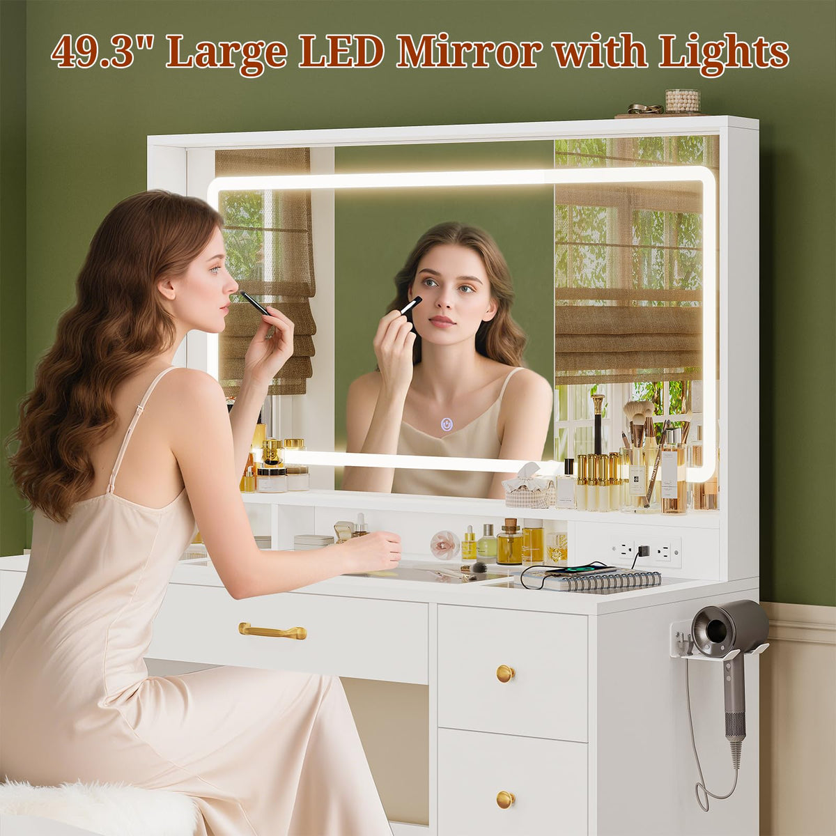 UPOSOJA 49.3“Large Vanity LED Mirror with Lights,Makeup Vanity Desk with 6 Drawers,Power Outlet,Glass Tabletop,Storage Shelf,Rolling Makeup Vanity,Hairdryer Rack,White