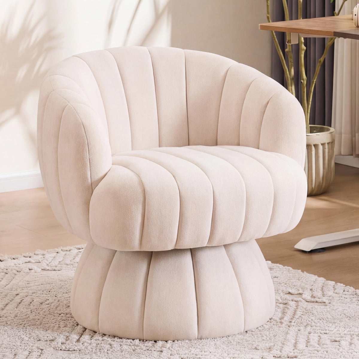 Beige Velvet Swivel Barrel Chair
