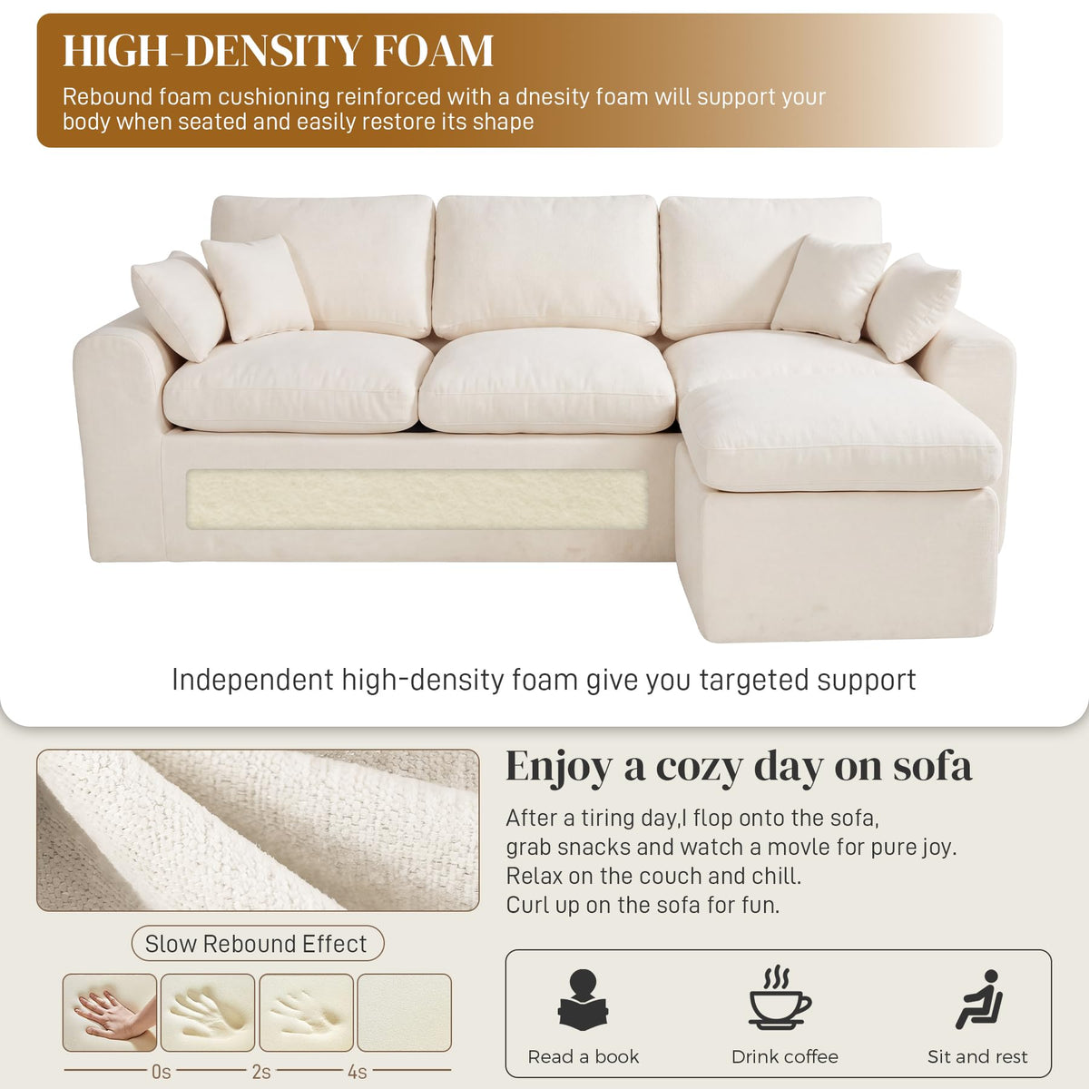 92" Boneless Cloud Couch, L Shaped Modular Sectional Sofas for Living Room