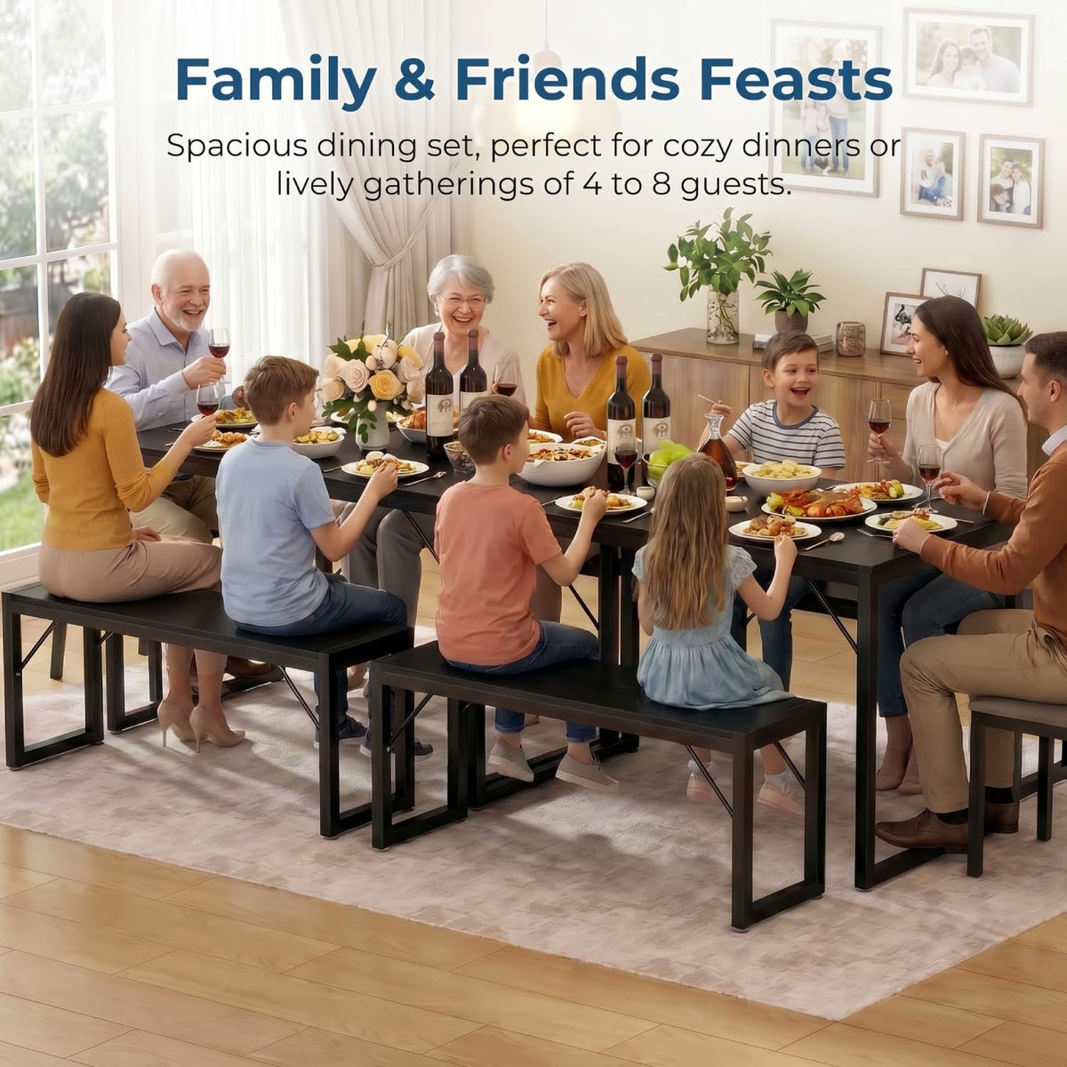 Bealife Dining Table Set for 4 with Metal Frame and MDF Board - Black
