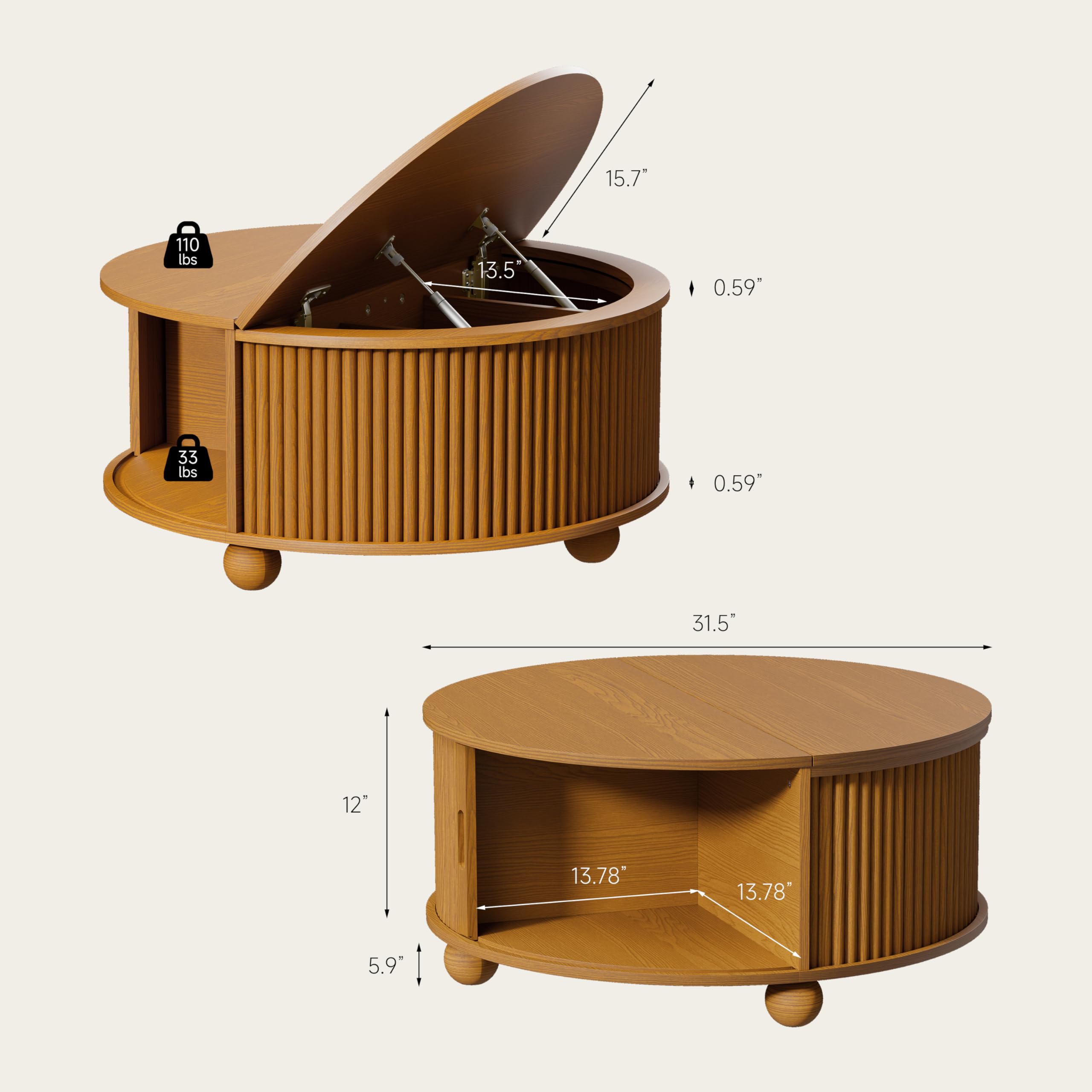 DHH Fluted Round Coffee Tables,31.5" Mid Century Modern Circle Drum Table with Storage, Accent Coffee Table with Sliding Cabinet Door for Living Room Small Space (Yellow Oak)