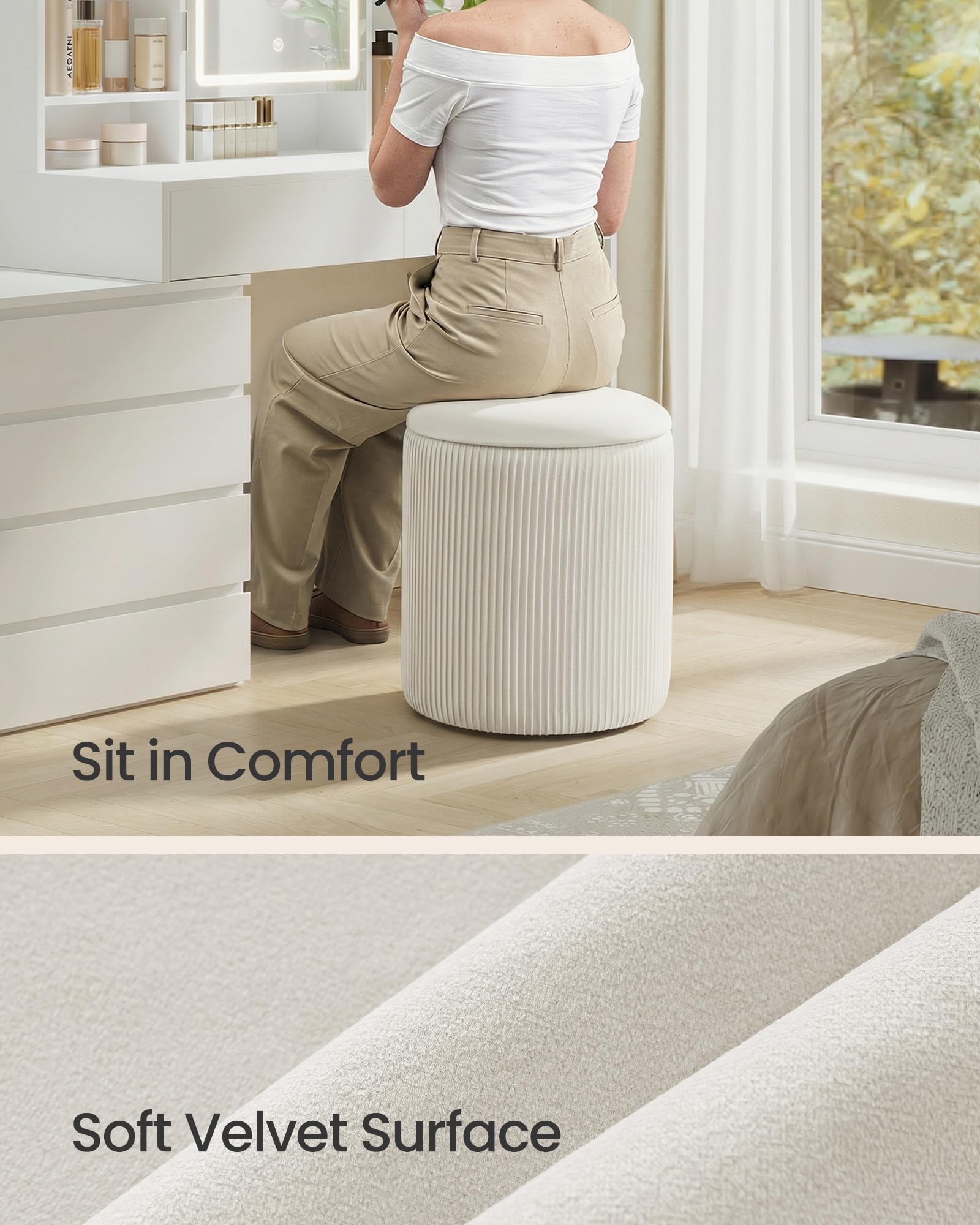 Round Storage Ottoman Set of 2 – Velvet Footstool with Removable Lid