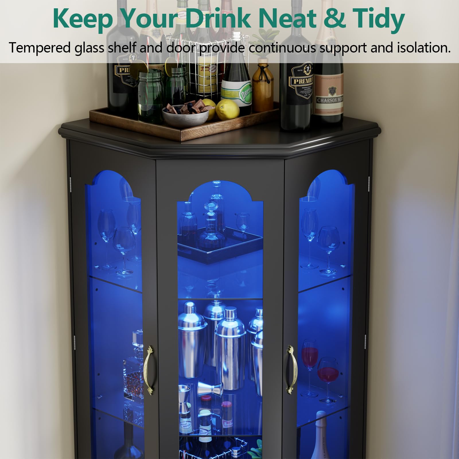 Corner Bar Cabinet with LED Lights & Tempered Glass Door