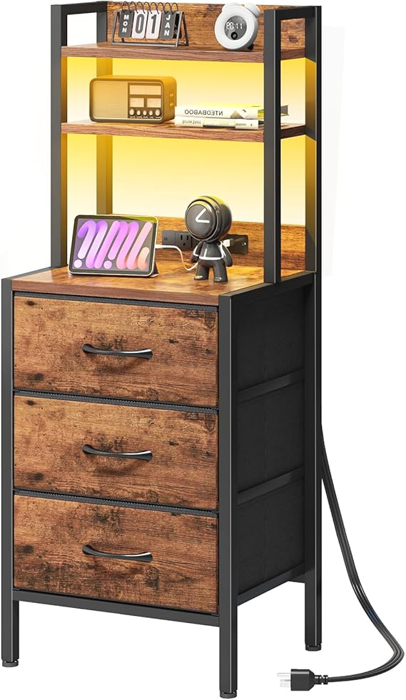 LED Nightstand with Charging Station & Storage Drawers