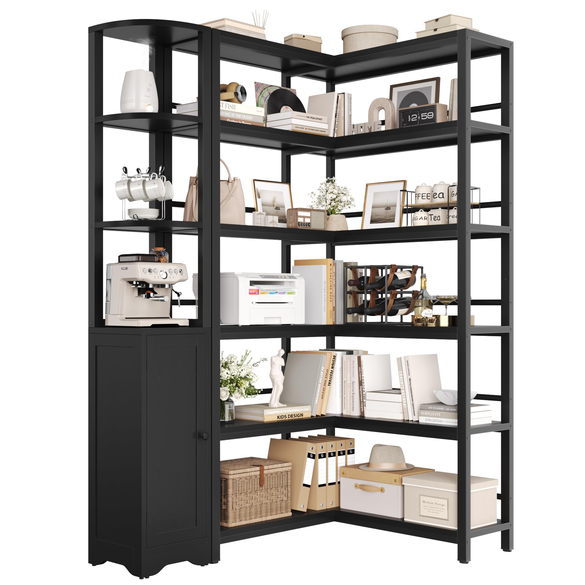 Keyluv Black Corner Bookshelf 72" Tall Corner Book Shelves Cases 2 Pieces Open Bookcase Large Storage Display Shelf Standing 6 Tier Shelving Unit with Cabinet for Home office Living Room, Wood & Metal