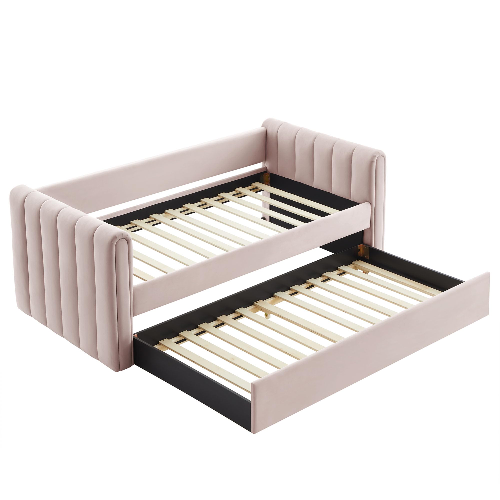 Veyla Twin Size Performance Velvet Daybed in Pink with Trundle – Channel Tufted Upholstered Sofa Bed with Wood Slat Support