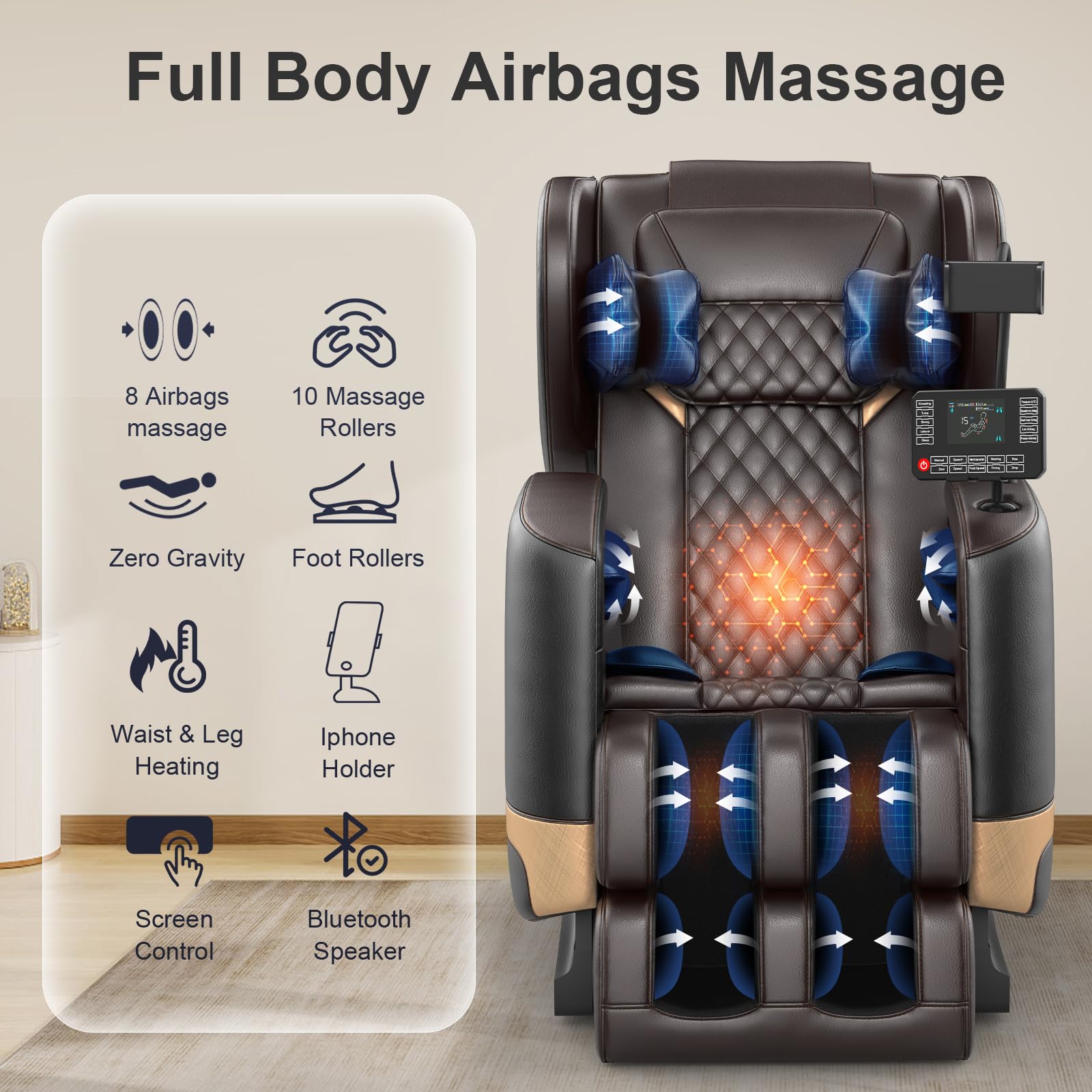 FURNIMAT 2026 Massage Chair Full Body, Zero Gravity Massage Chair with 10 Fix Rollers, Airbags, Heating, Foot Massage, Auto Modes, Bluetooth Speaker, Smart Screen Controller (Advanced Version)