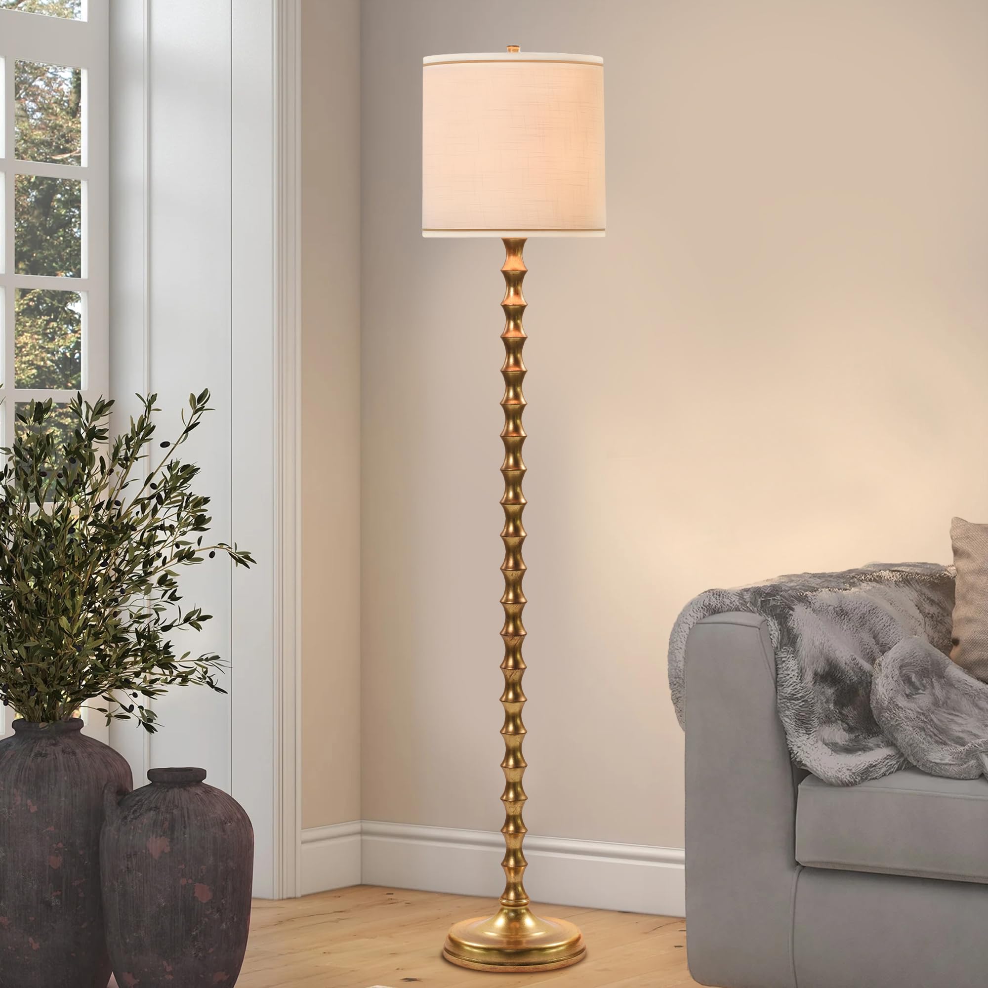 64.5" Vintage Gold Floor Lamp with Linen Drum Shade