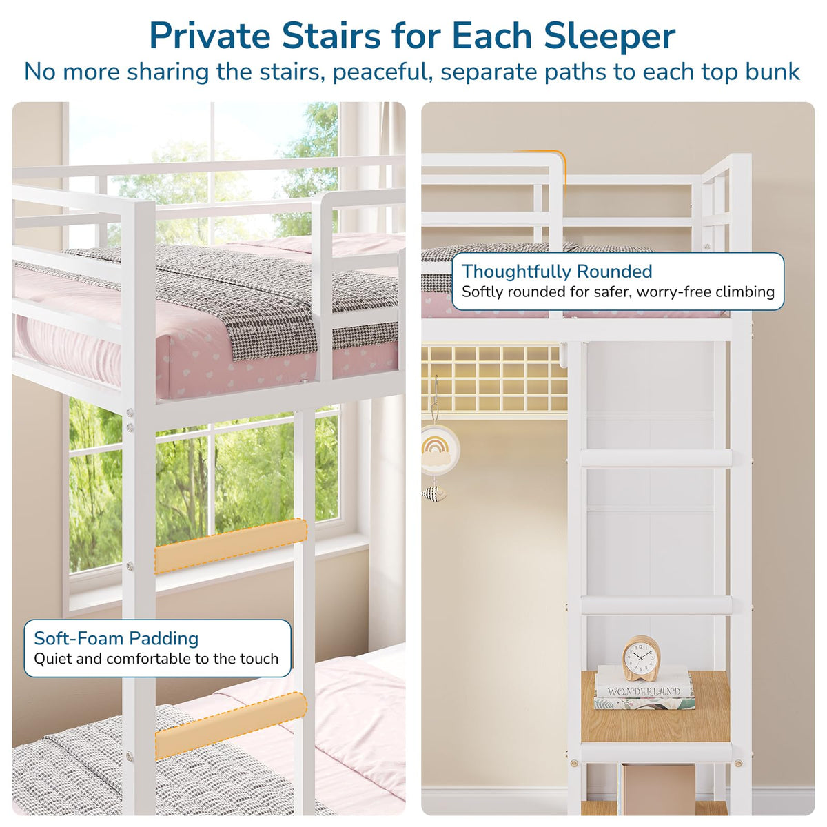 L-Shaped Triple Bunk Bed with Storage & LED Lights