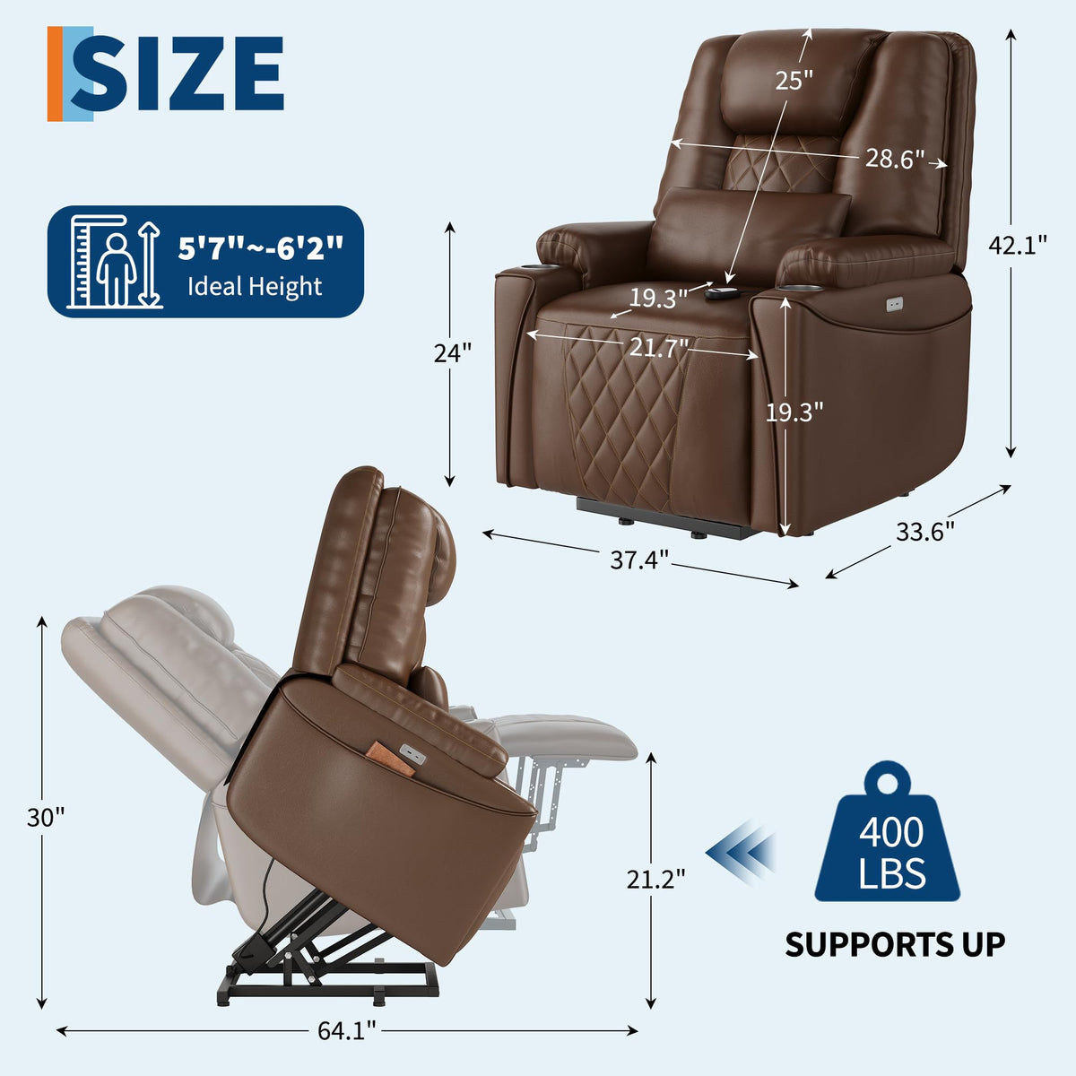 Garvee Power Lift Recliner Chair Sofa, PU Leather Reclining with Charging Ports, Cup Holders, Electric Stand Assist for Elderly, Home Theater Seating with Remote for Living Room, Brown
