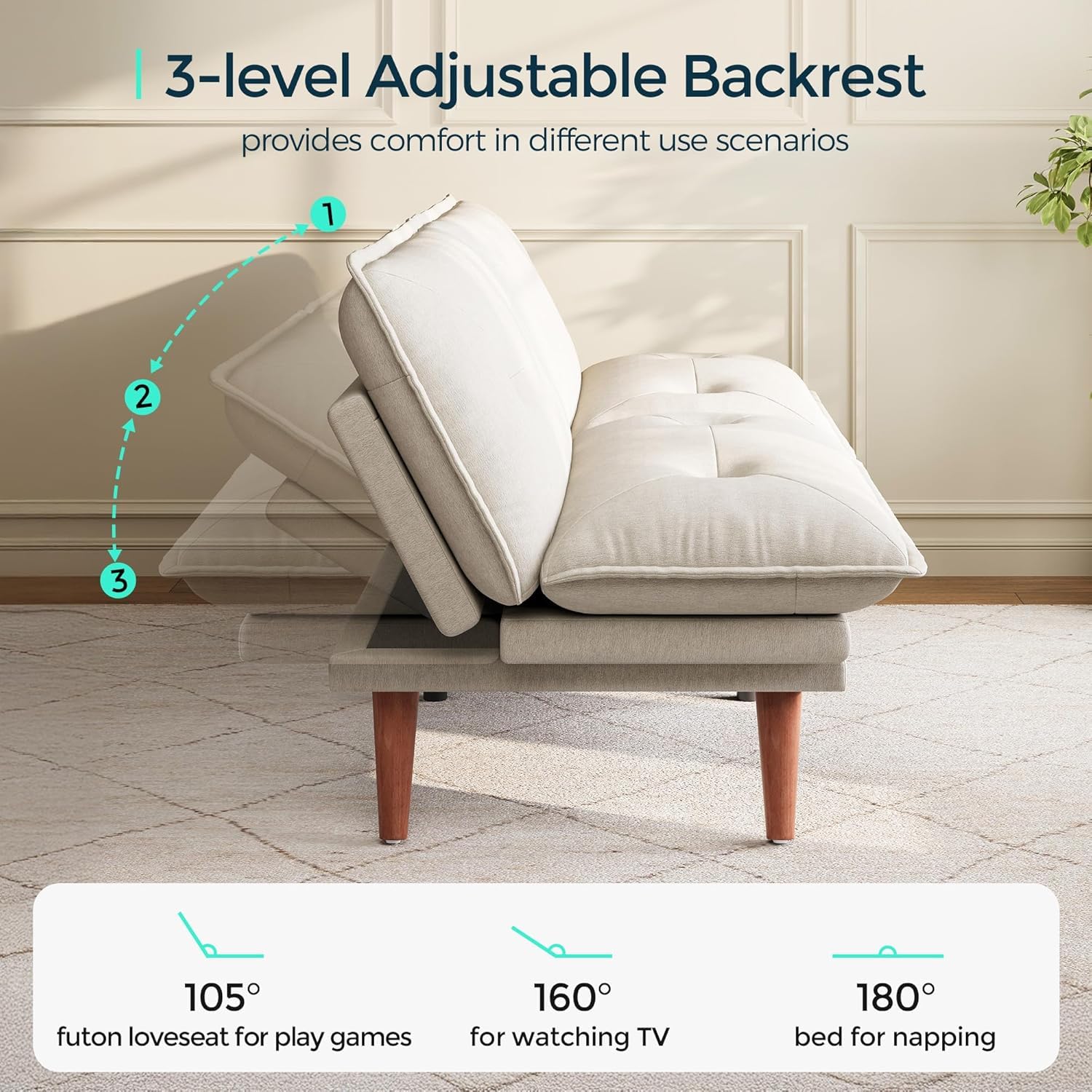 LINSY HOME Futon Sofa Bed, 70" Chenille Futon Couch with Adjustable Backrest Armrest, 3 in 1 Convertible Comfy Loveseat Sleeper Sofa Bed for Small Spaces Dorm Room Apartment Home Office(Beige White)