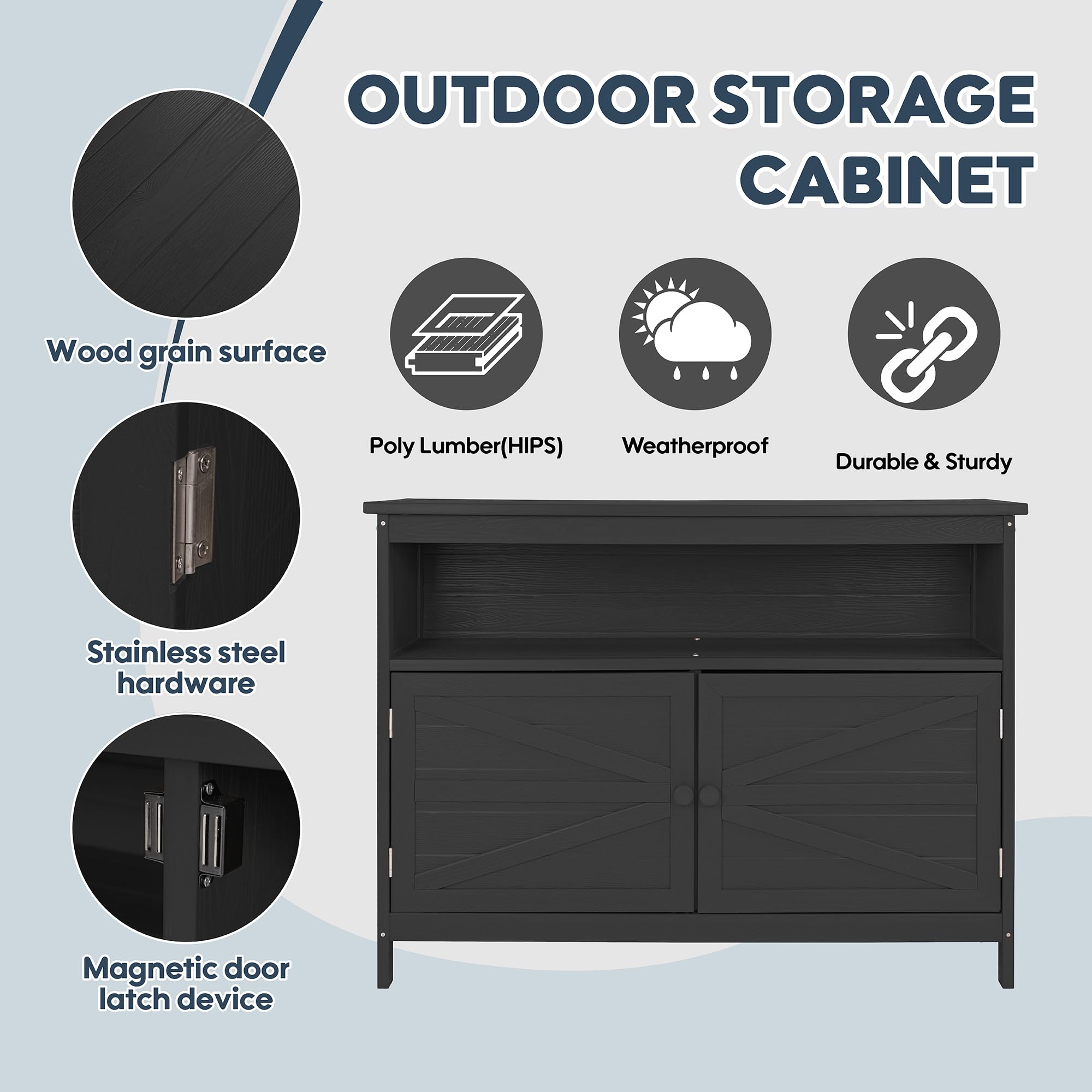 Congfutt HIPS All-Weather Outdoor Storage Cabinet,Outdoor Sideboard with Magnetic Doors,3-Shelves Patio Storage Cabinet, Used for Garden,Buffet Cabinet,TV Stand, Bar Table,Balcony