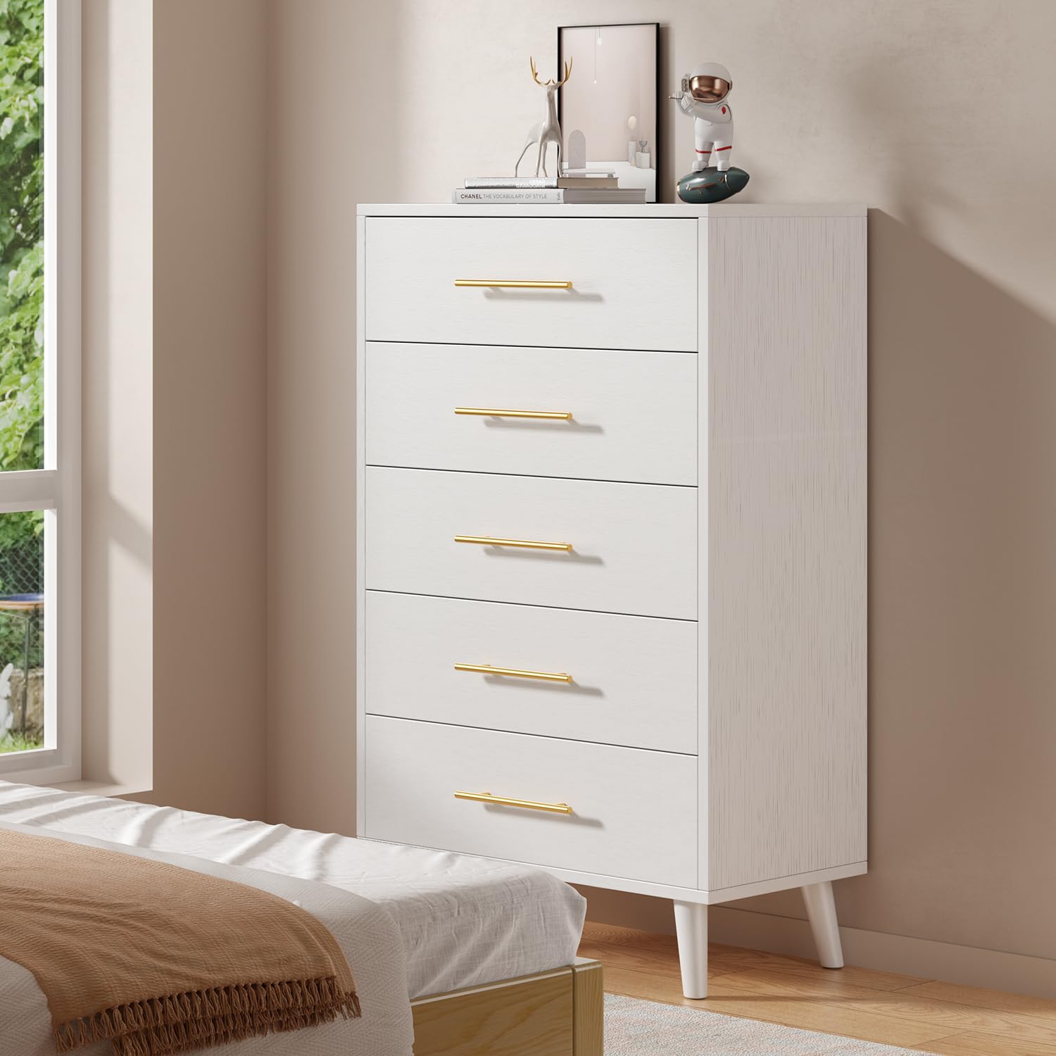 Aiho 5 Drawer Dresser, Tall Dresser with Metal Handles, Wood Storage Organizer for Bedroom, Hallway, or Entryway, White