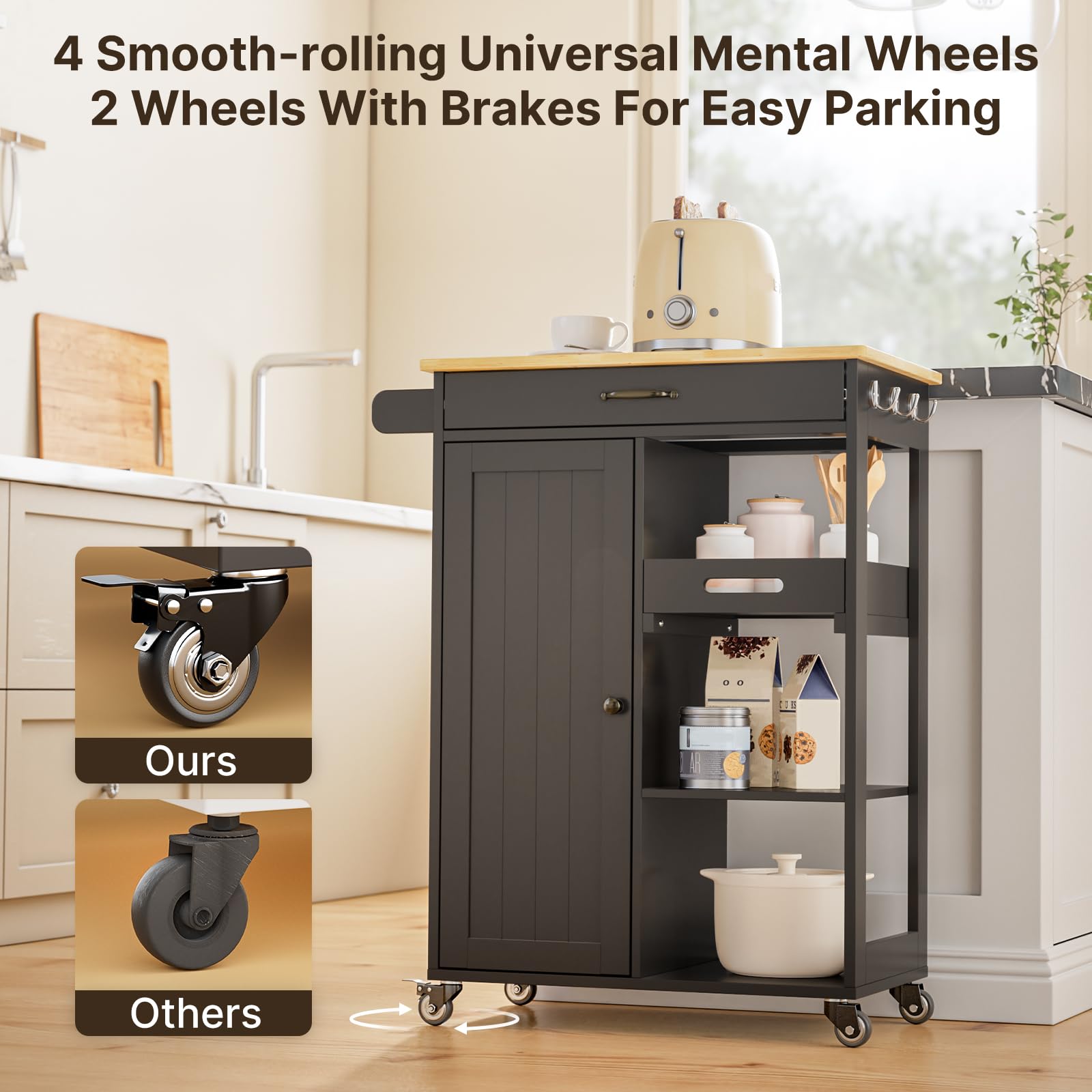 Rolling Kitchen Island Cart with Drawer, Cabinet & Storage Shelves