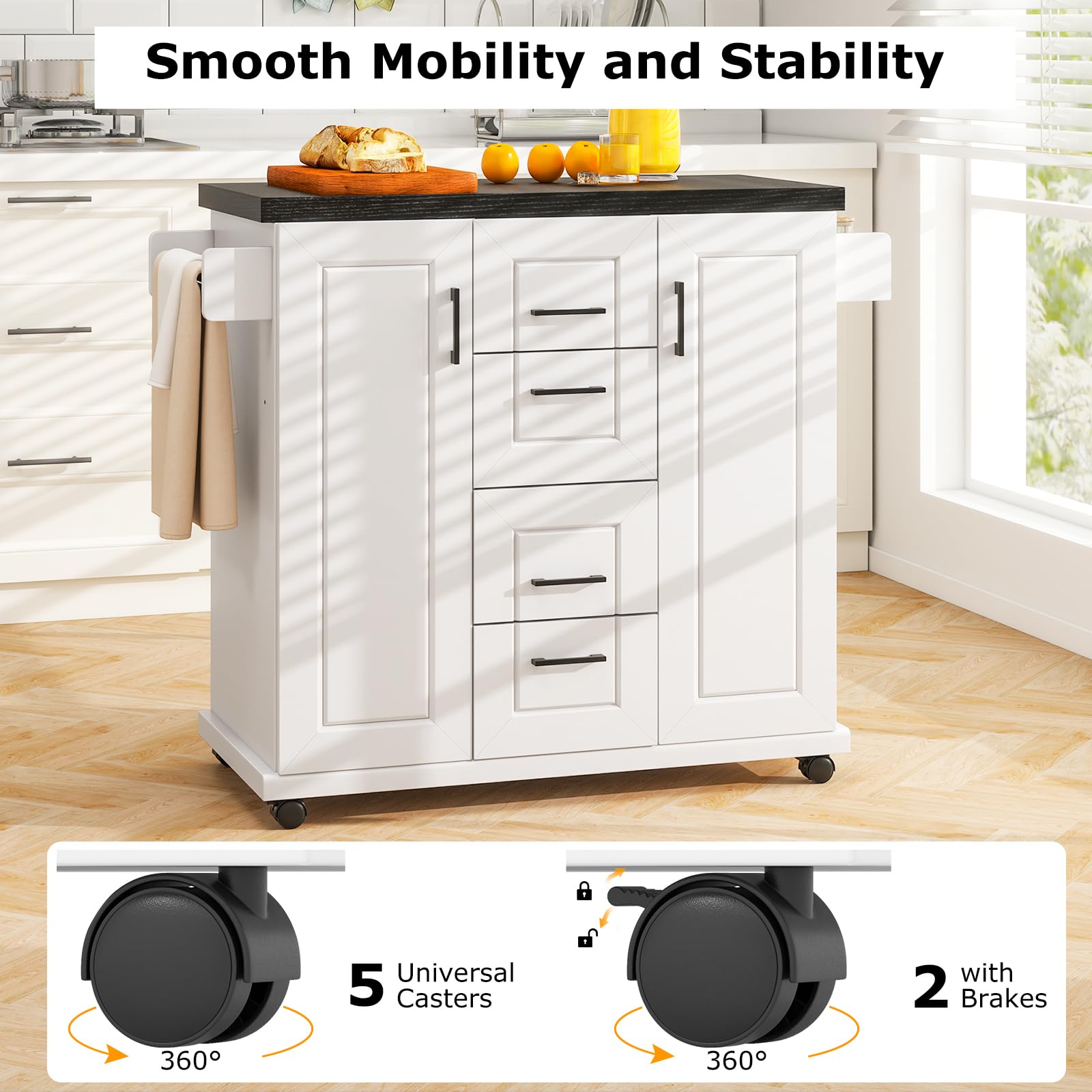 GOFLAME Kitchen Island Cart on Wheels, Rolling Kitchen Cart with Storage Cabinets, 4 Drawers, Towel Rack and Spice Rack, Mobile Serving Trolley Cart for Kitchen, Dining Room, White