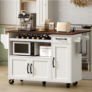 RALGEND Rolling Kitchen Island Cart with Drop Leaf & Power Outlet, Mobile Kitchen Island on Wheels, Island Table with Storage Cabinet, Microwave Shelf & Wine Rack for Kitchen, White and Walnut