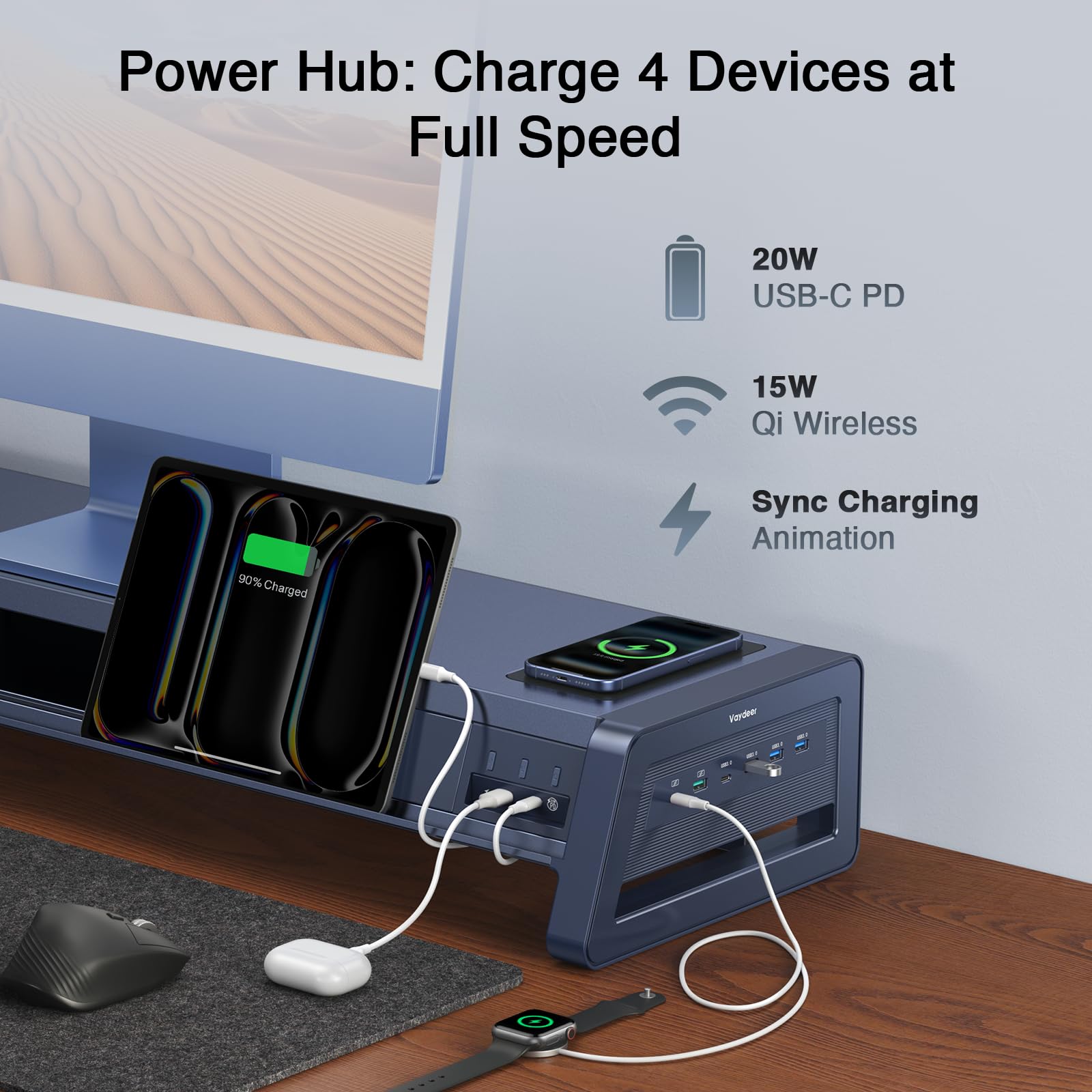 Dual Monitor Stand Riser with Drawers, USB Ports & Wireless Charging