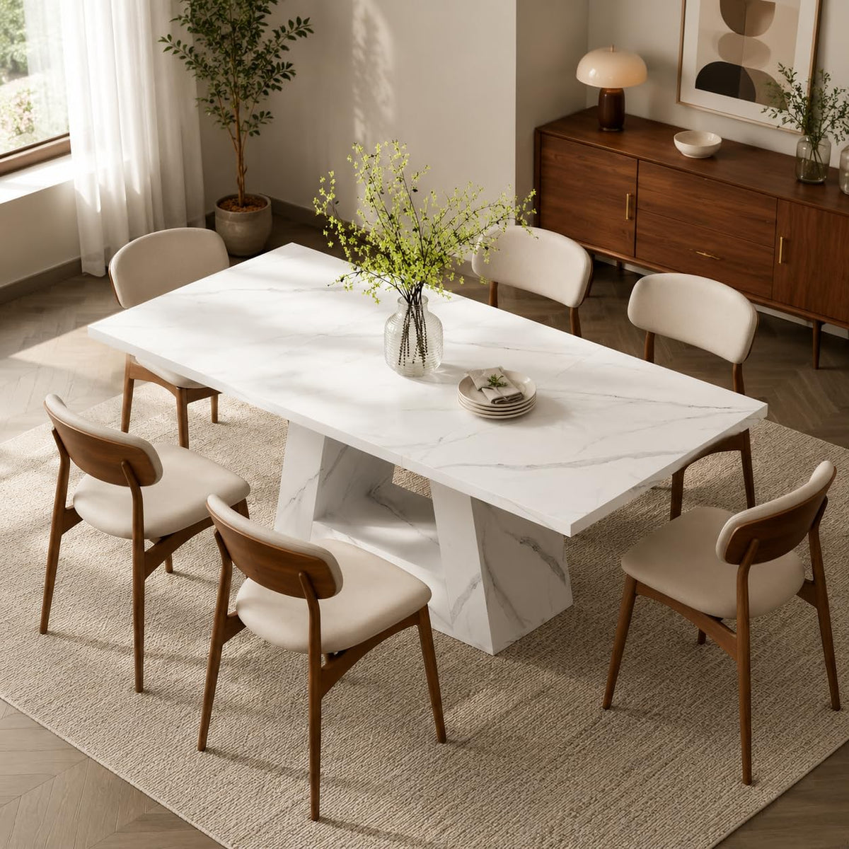 LITTLE TREE 63" Modern Faux Marble Dining Table for 6, Rectangle, White