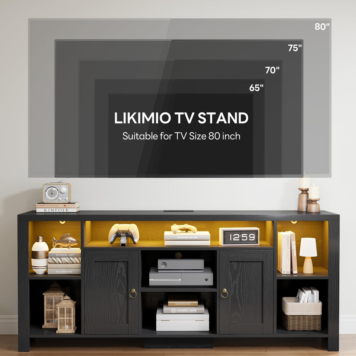 LIKIMIO 70" TV Stand for TVs up to 80", LED Entertainment Center, Black