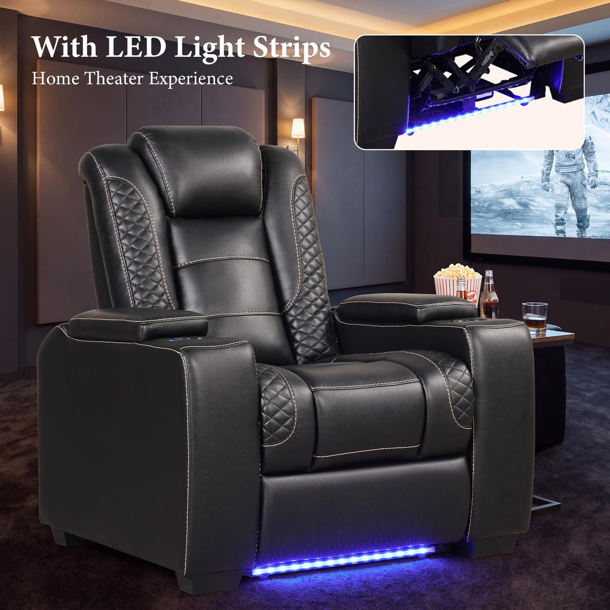 EBELLO Power Home Theater Seating, Electric Gaming Recliner Chair with Adjustable Headrest, Faux Leather Movie Reclining Chairs with Cup Holders LED Lights,USB Port,Hidden Arm Storage, Black